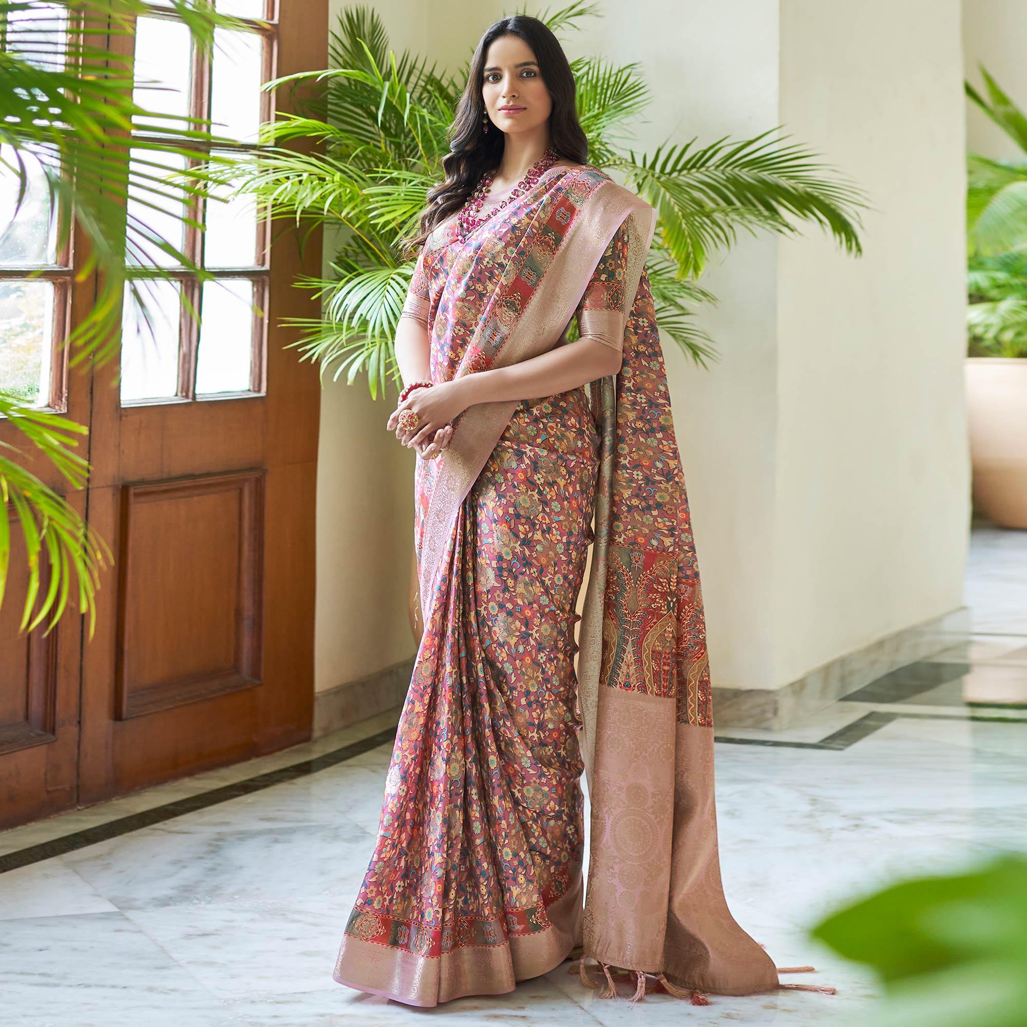 Pink Floral Digital Printed With Woven Border Art Silk Saree - Peachmode