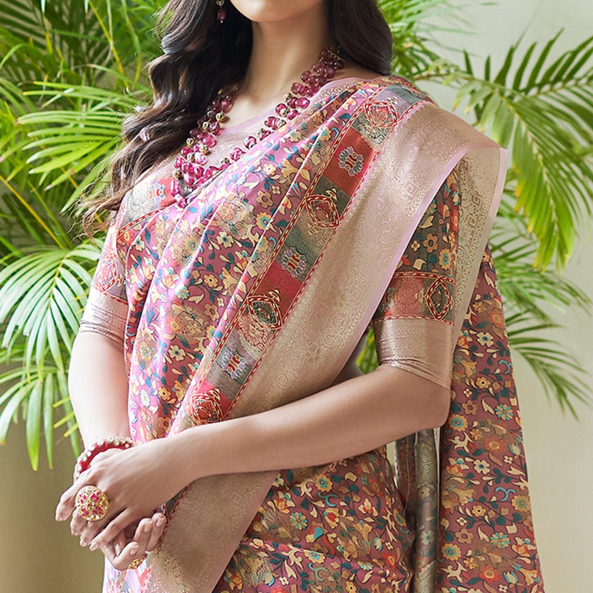 Pink Floral Digital Printed With Woven Border Art Silk Saree - Peachmode