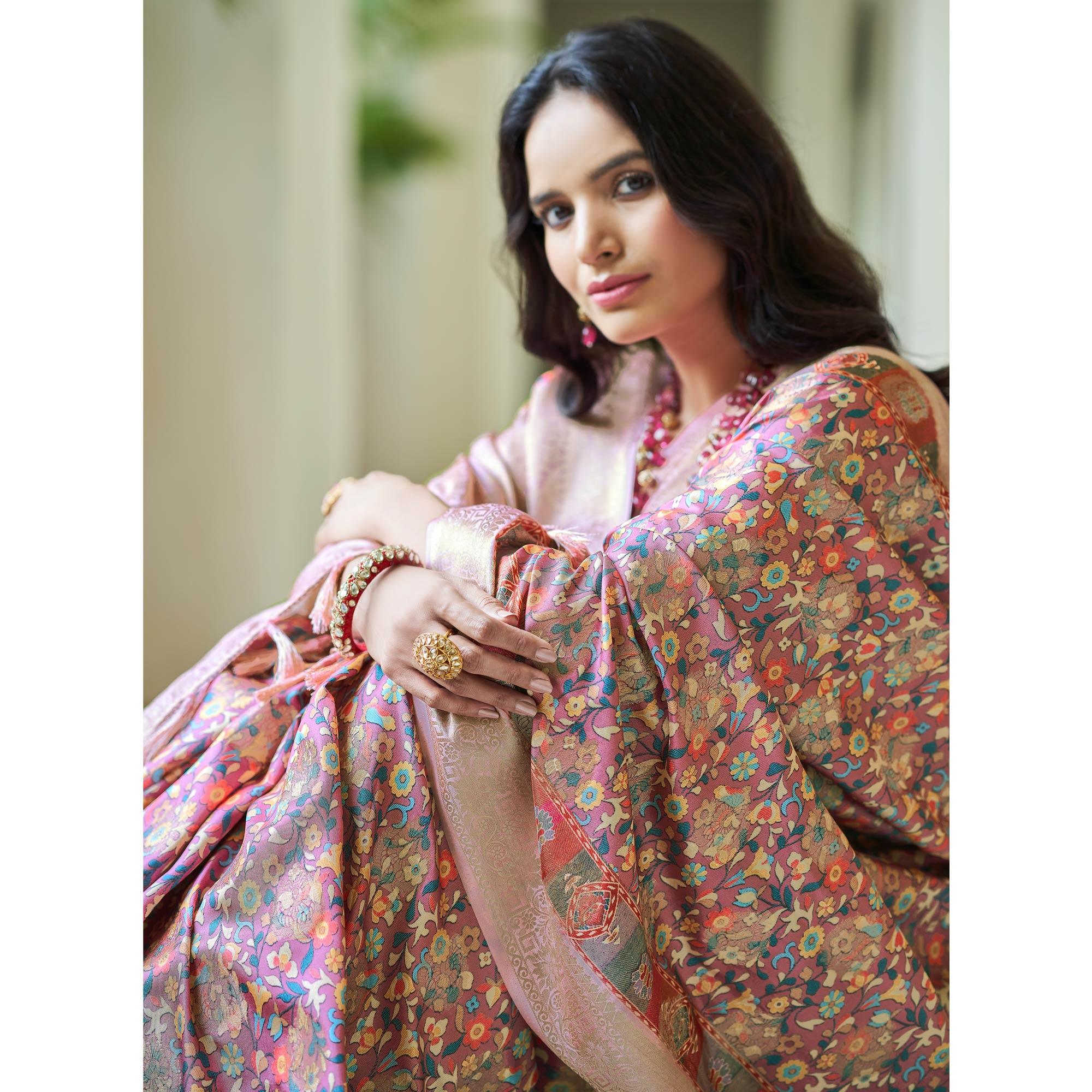 Pink Floral Digital Printed With Woven Border Art Silk Saree - Peachmode
