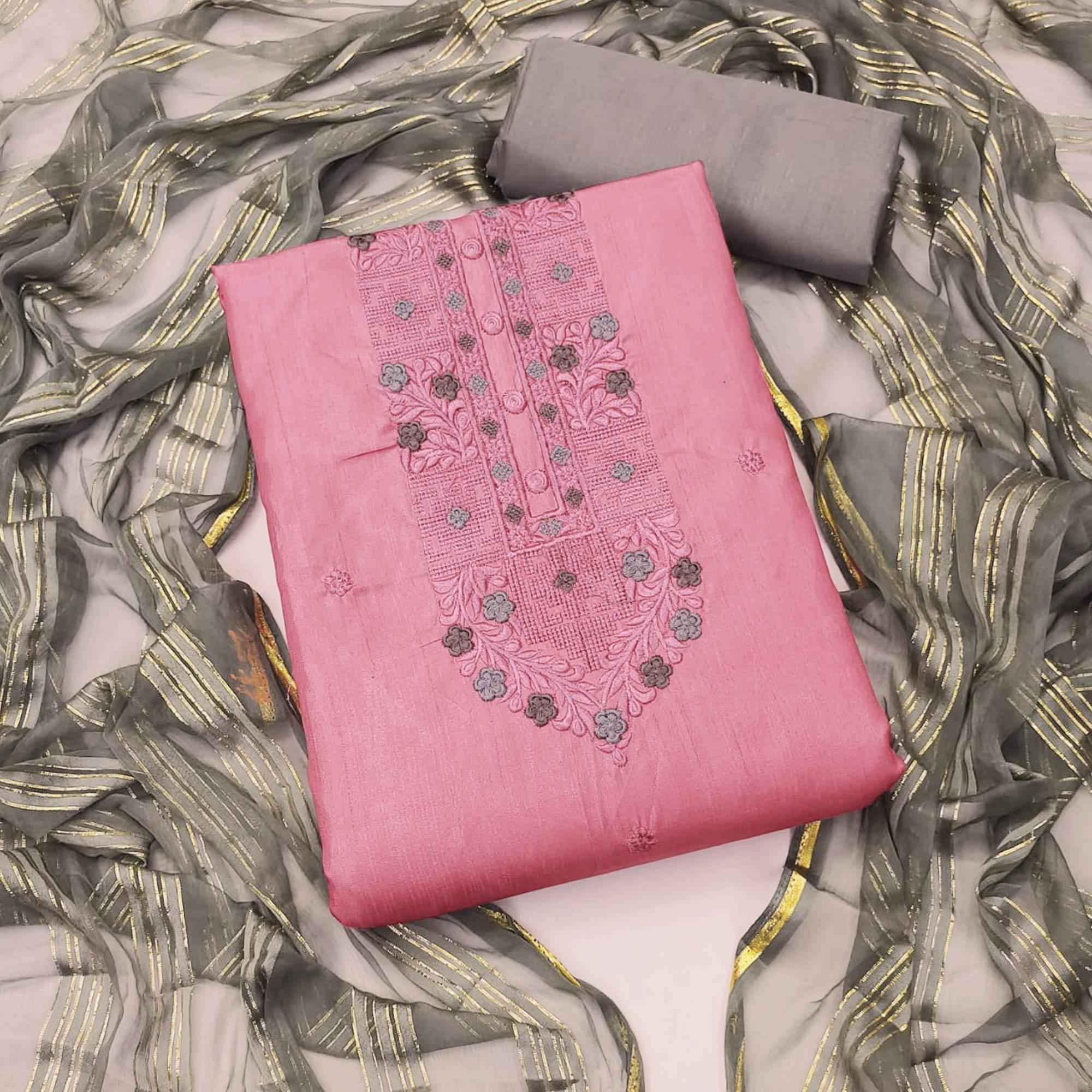 Pink Floral Embroidered Art Silk Dress Material - Peachmode