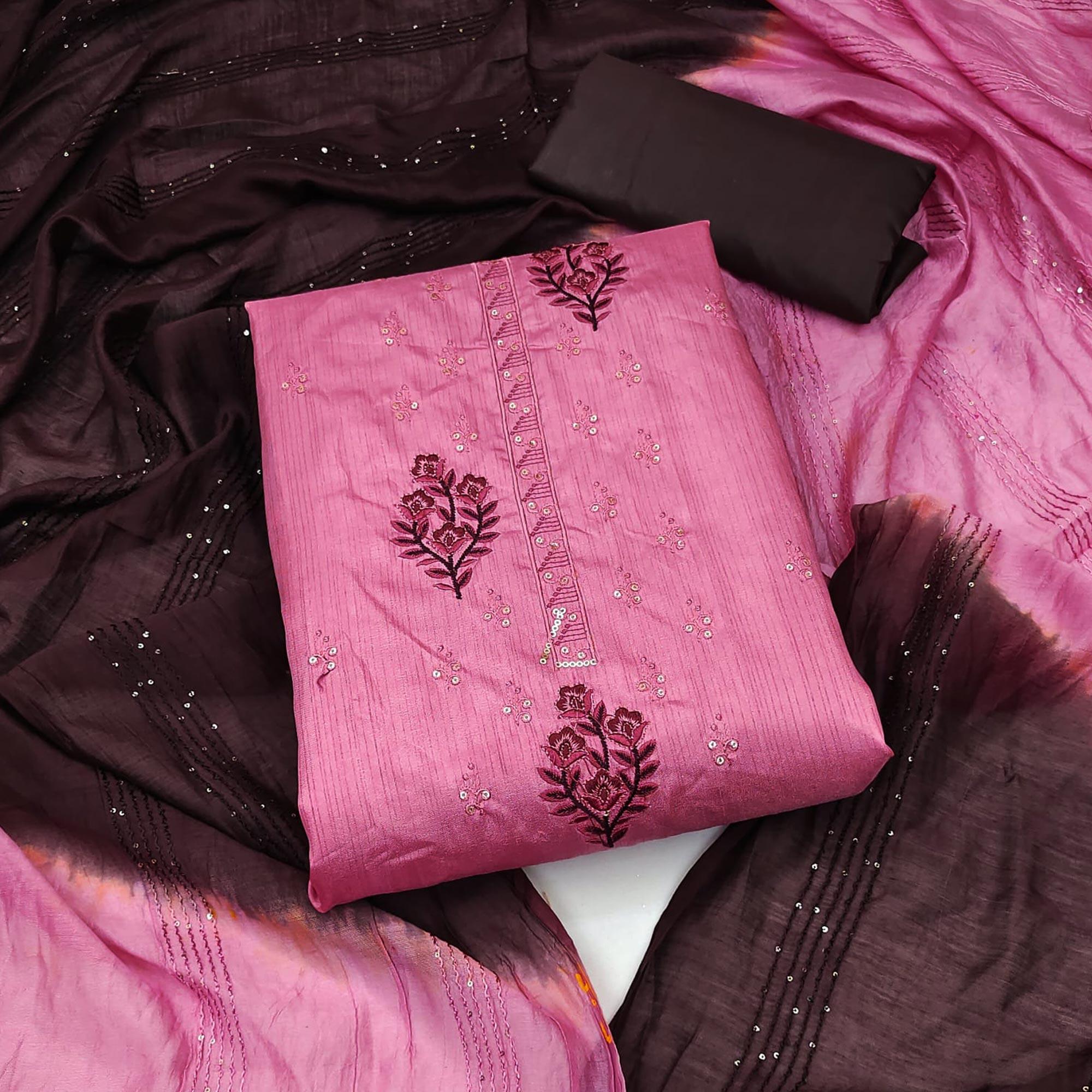 Pink Floral Embroidered Art Silk Dress Material - Peachmode