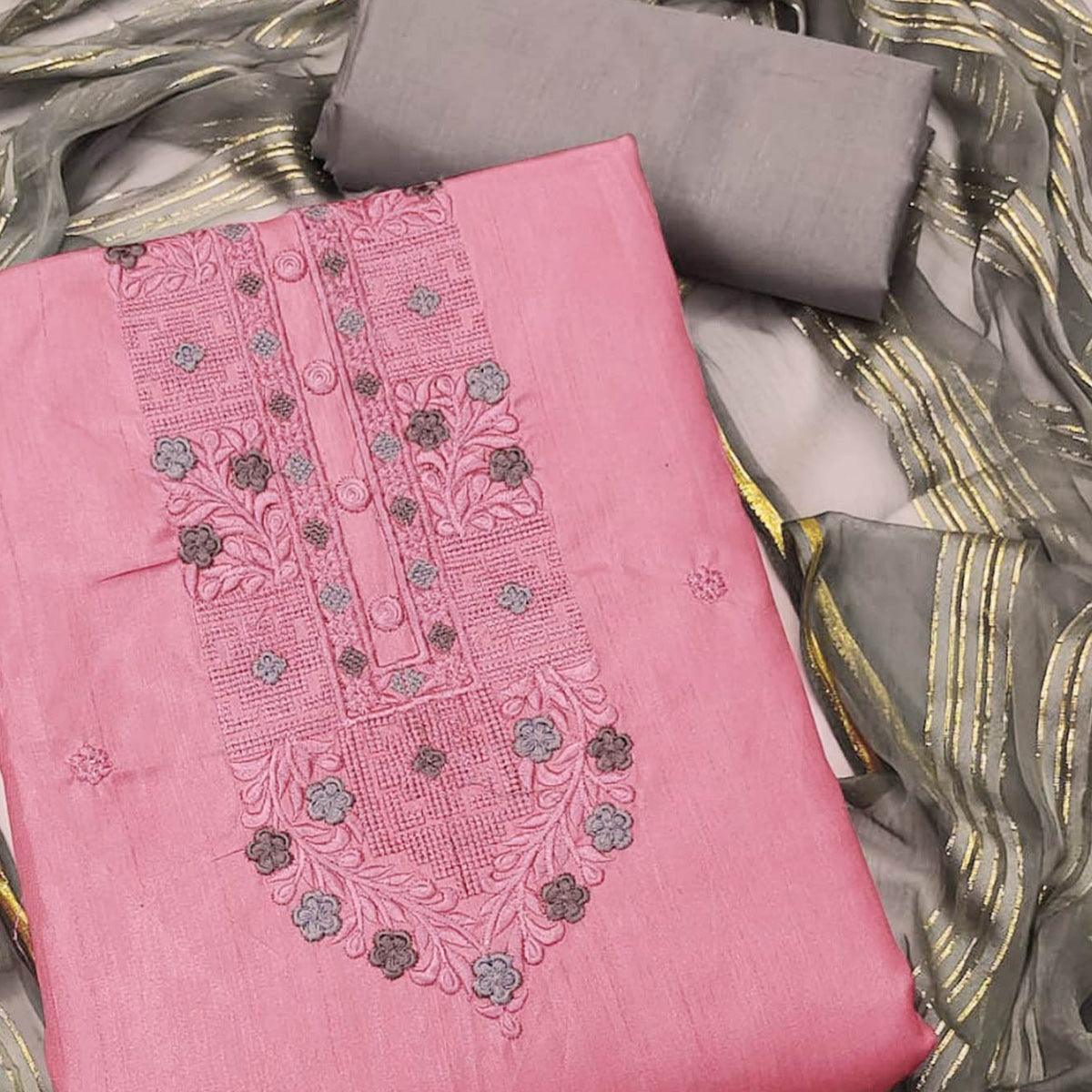 Pink Floral Embroidered Art Silk Dress Material - Peachmode