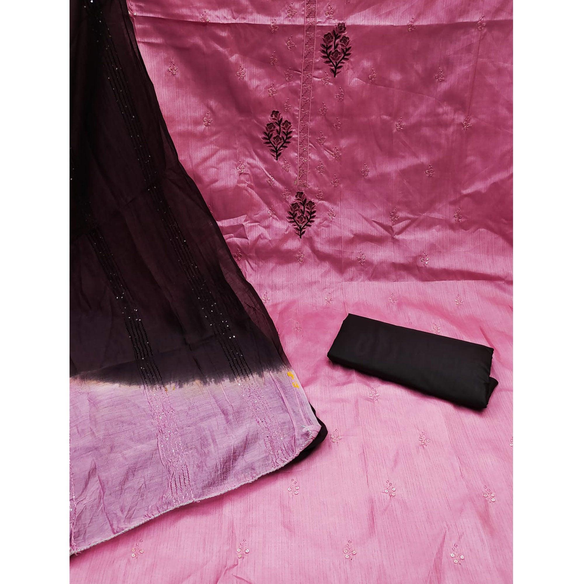 Pink Floral Embroidered Art Silk Dress Material - Peachmode