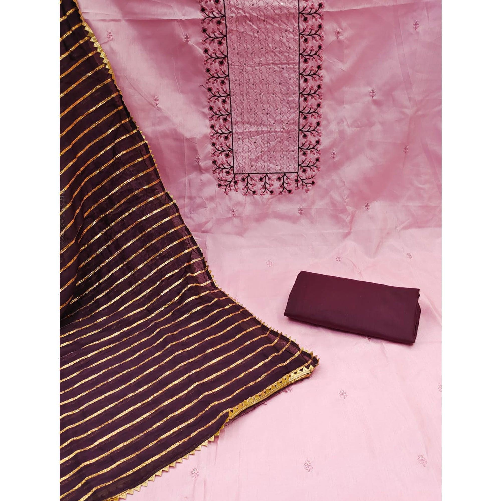 Pink Floral Embroidered Art Silk Dress Material - Peachmode