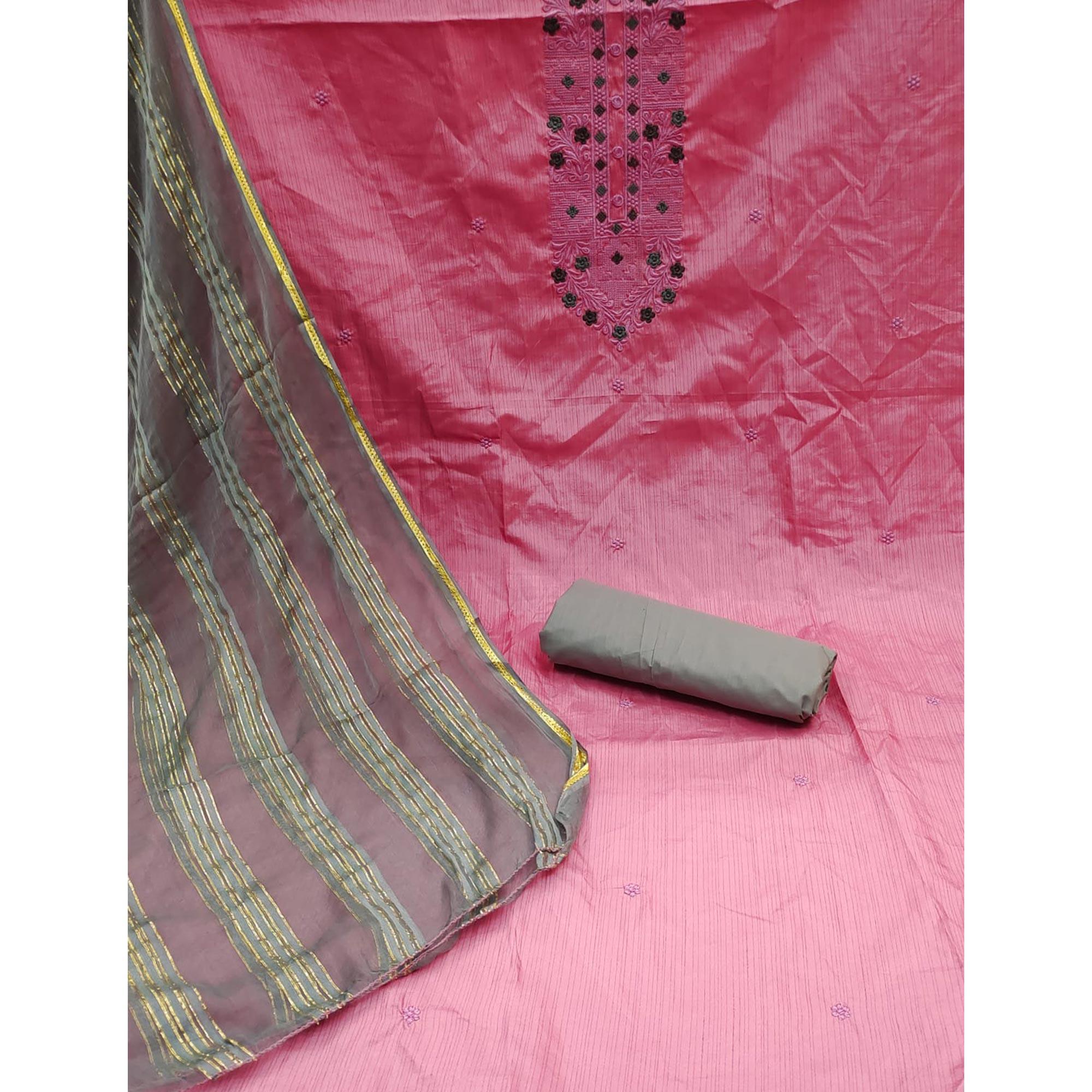 Pink Floral Embroidered Art Silk Dress Material - Peachmode