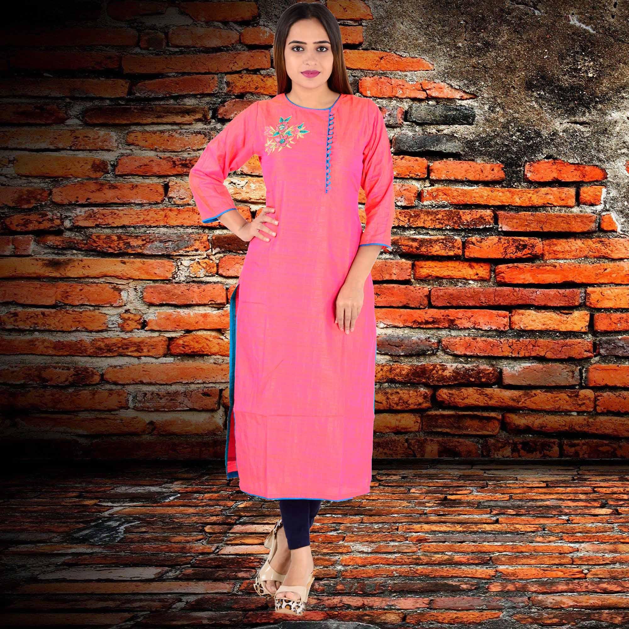 Pink Floral Embroidered Art Silk Kurti - Peachmode