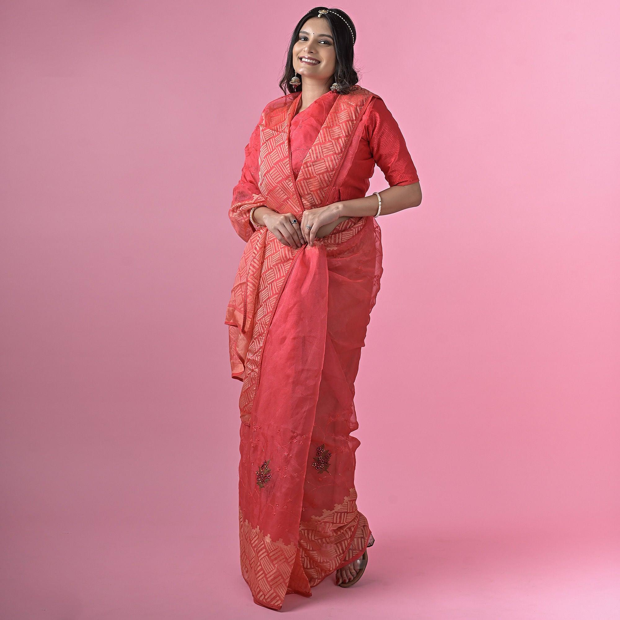 Pink Floral Embroidered Brasso Saree - Peachmode