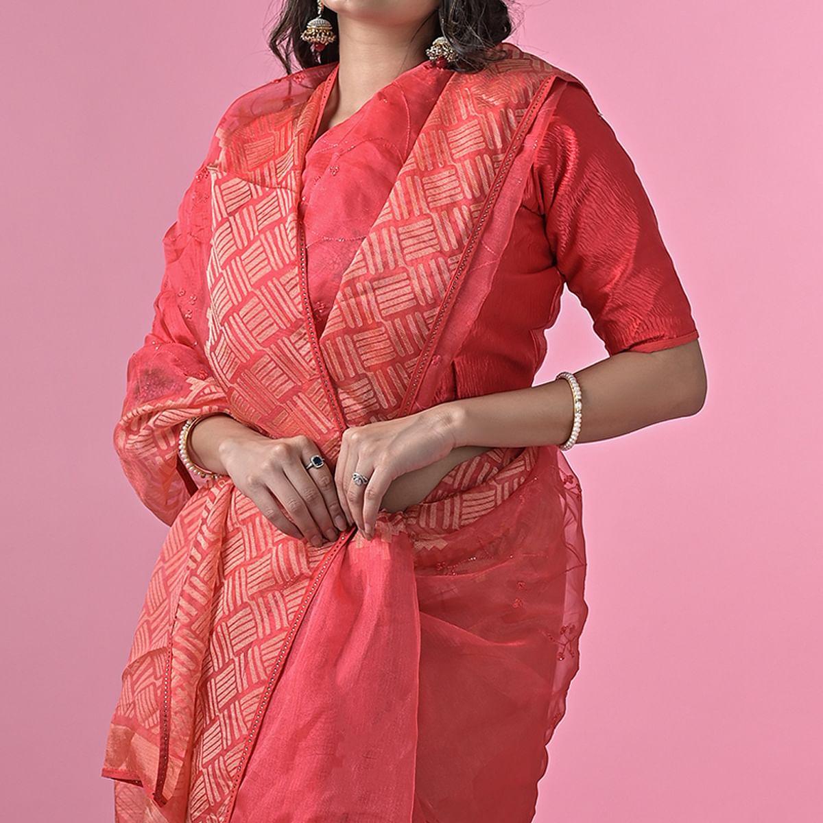 Pink Floral Embroidered Brasso Saree - Peachmode