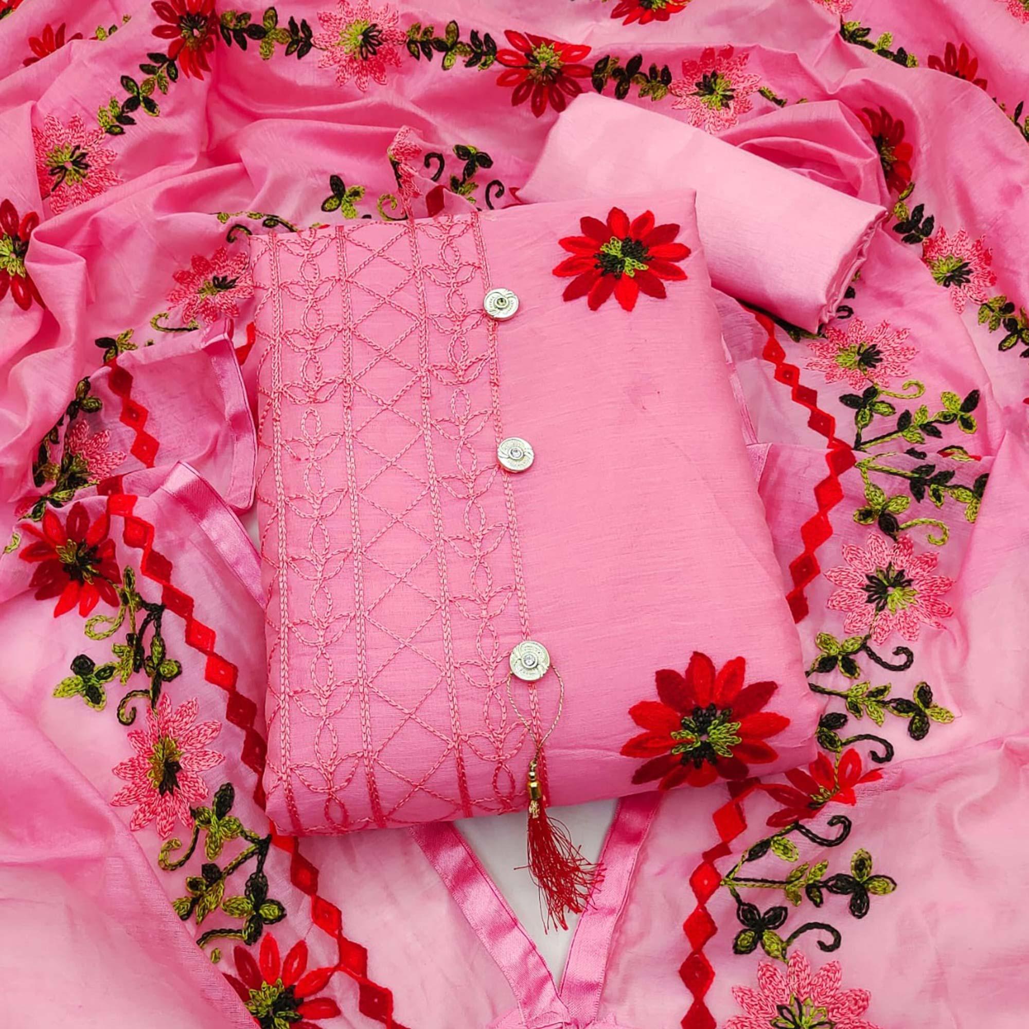 Pink Floral Embroidered Chanderi Dress Material - Peachmode