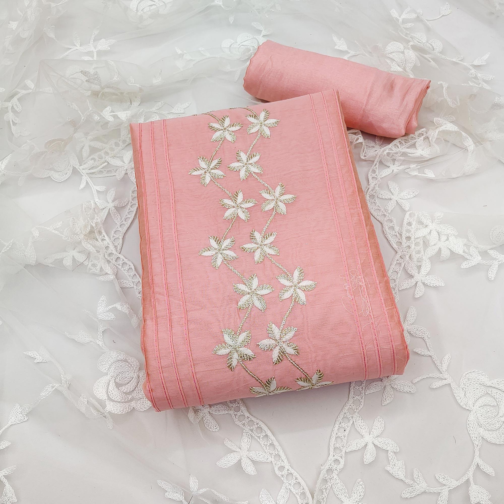 Pink Floral Embroidered Chanderi Dress Material - Peachmode