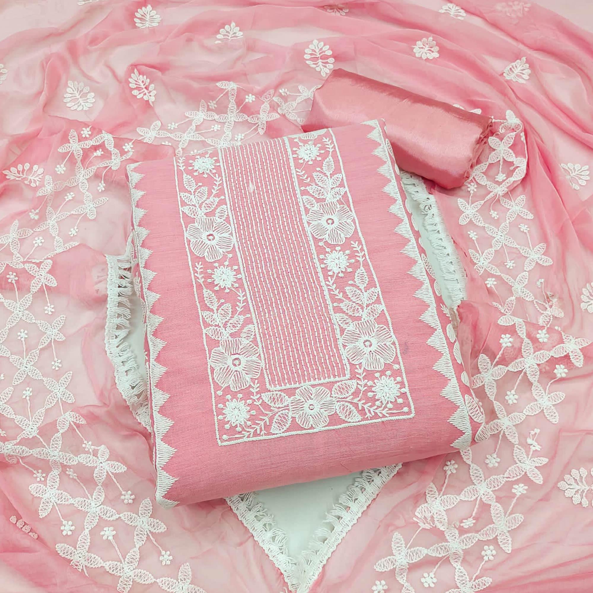 Pink Floral Embroidered Chanderi Dress Material - Peachmode