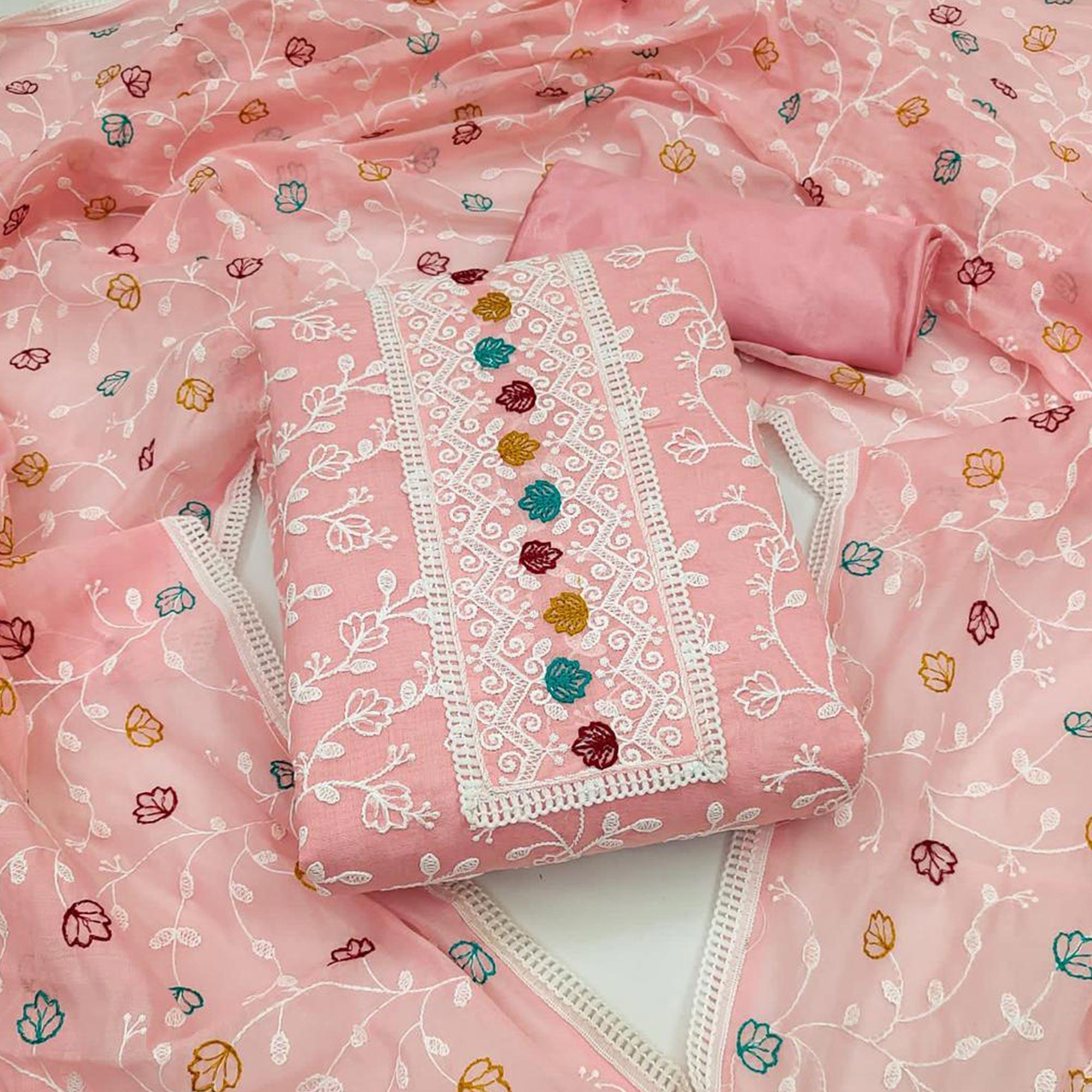 Pink Floral Embroidered Chanderi Dress Material - Peachmode