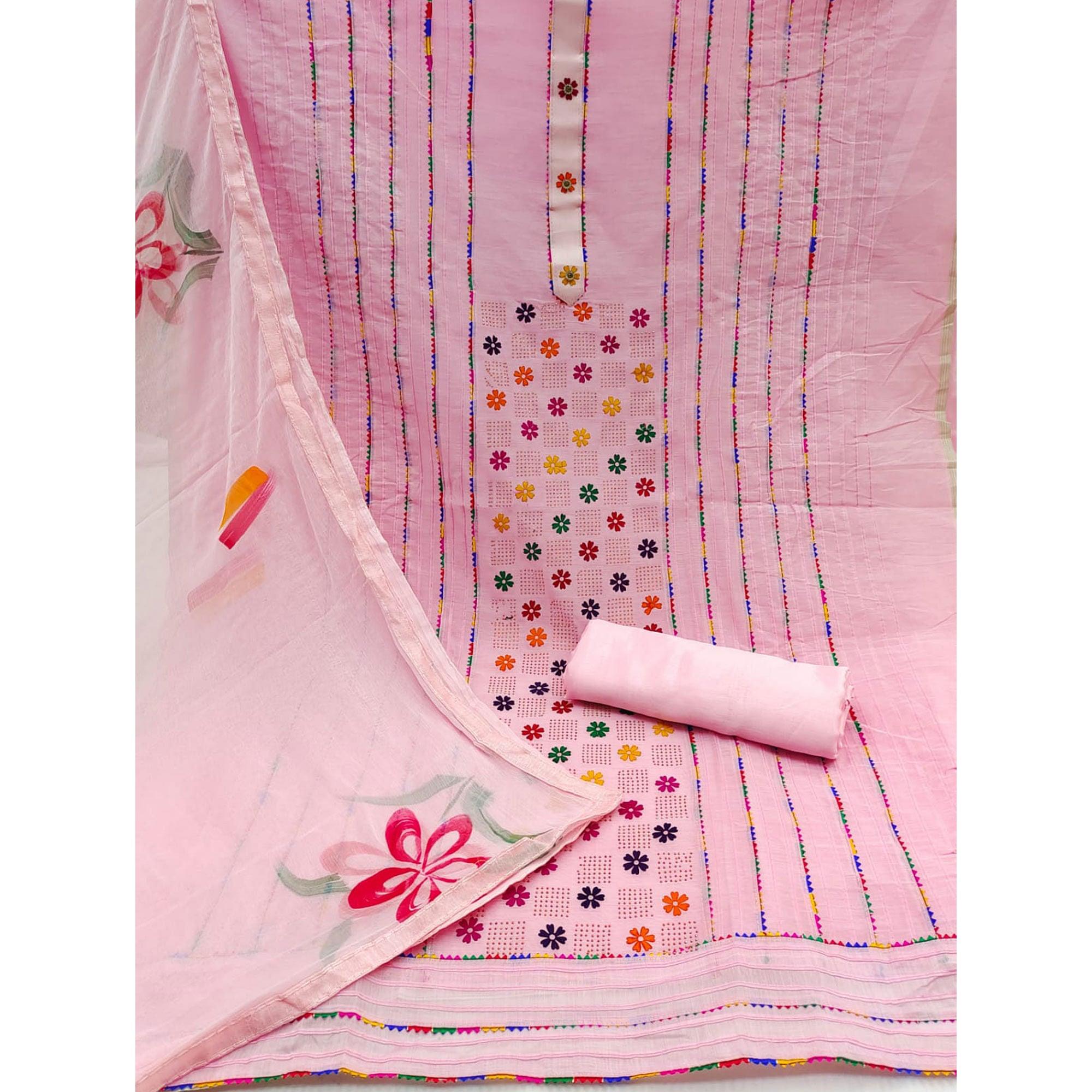 Pink Floral Embroidered Chanderi Dress Material - Peachmode