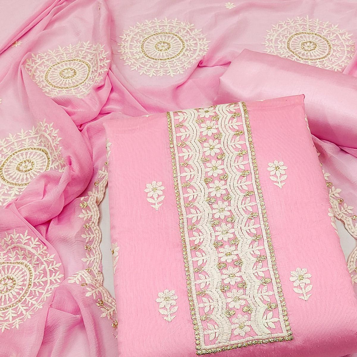 Pink Floral Embroidered Chanderi Dress Material - Peachmode