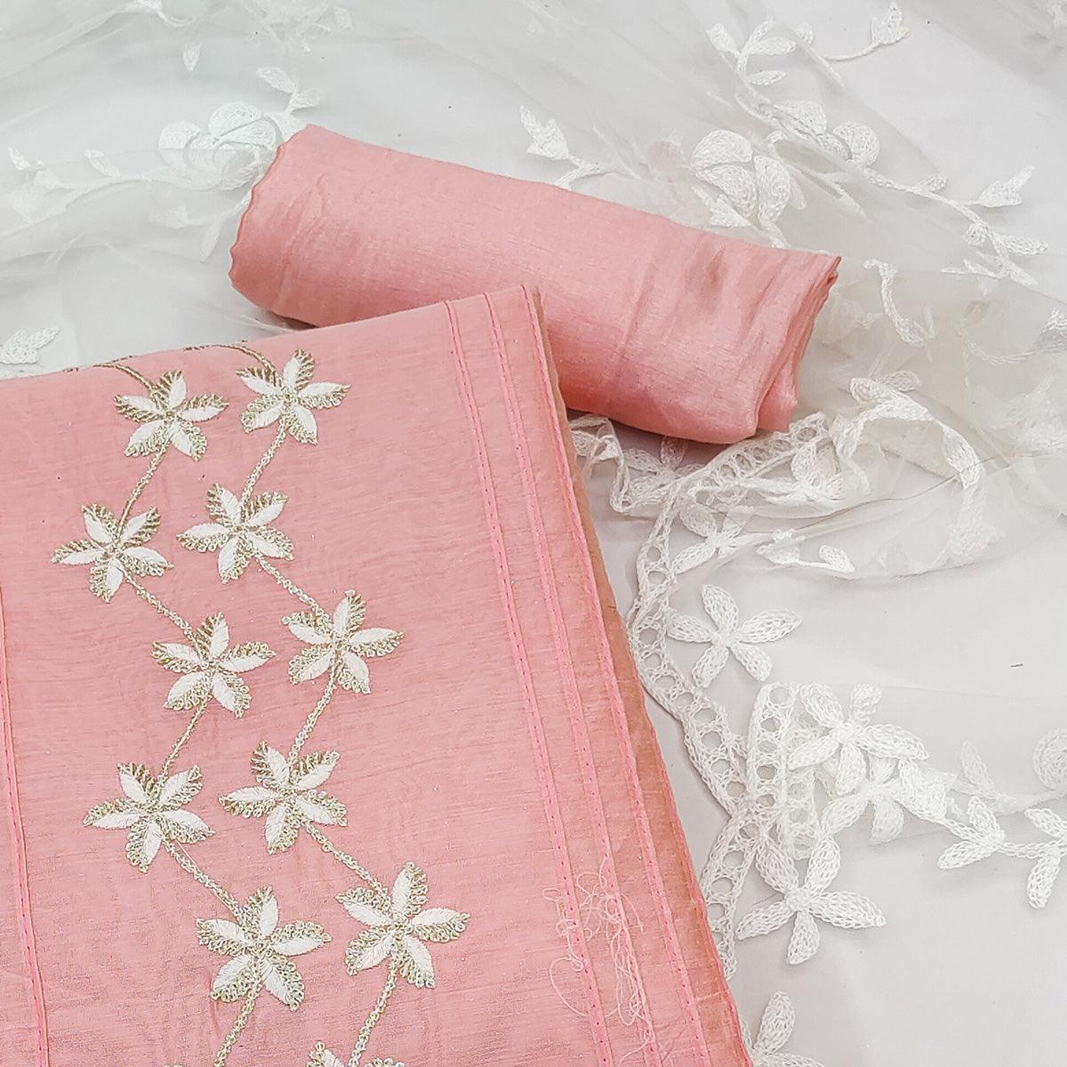 Pink Floral Embroidered Chanderi Dress Material - Peachmode