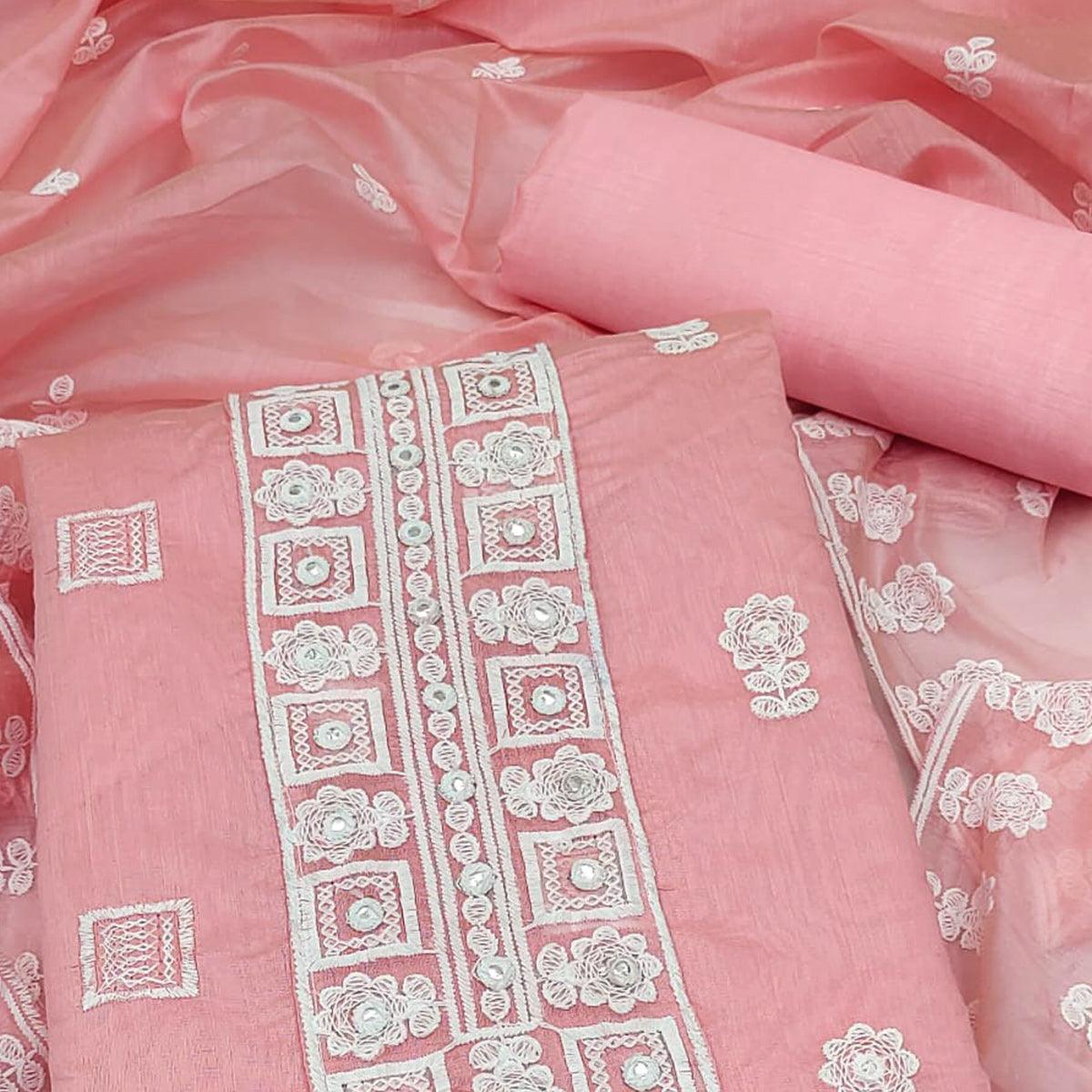 Pink Floral Embroidered Chanderi Dress Material - Peachmode