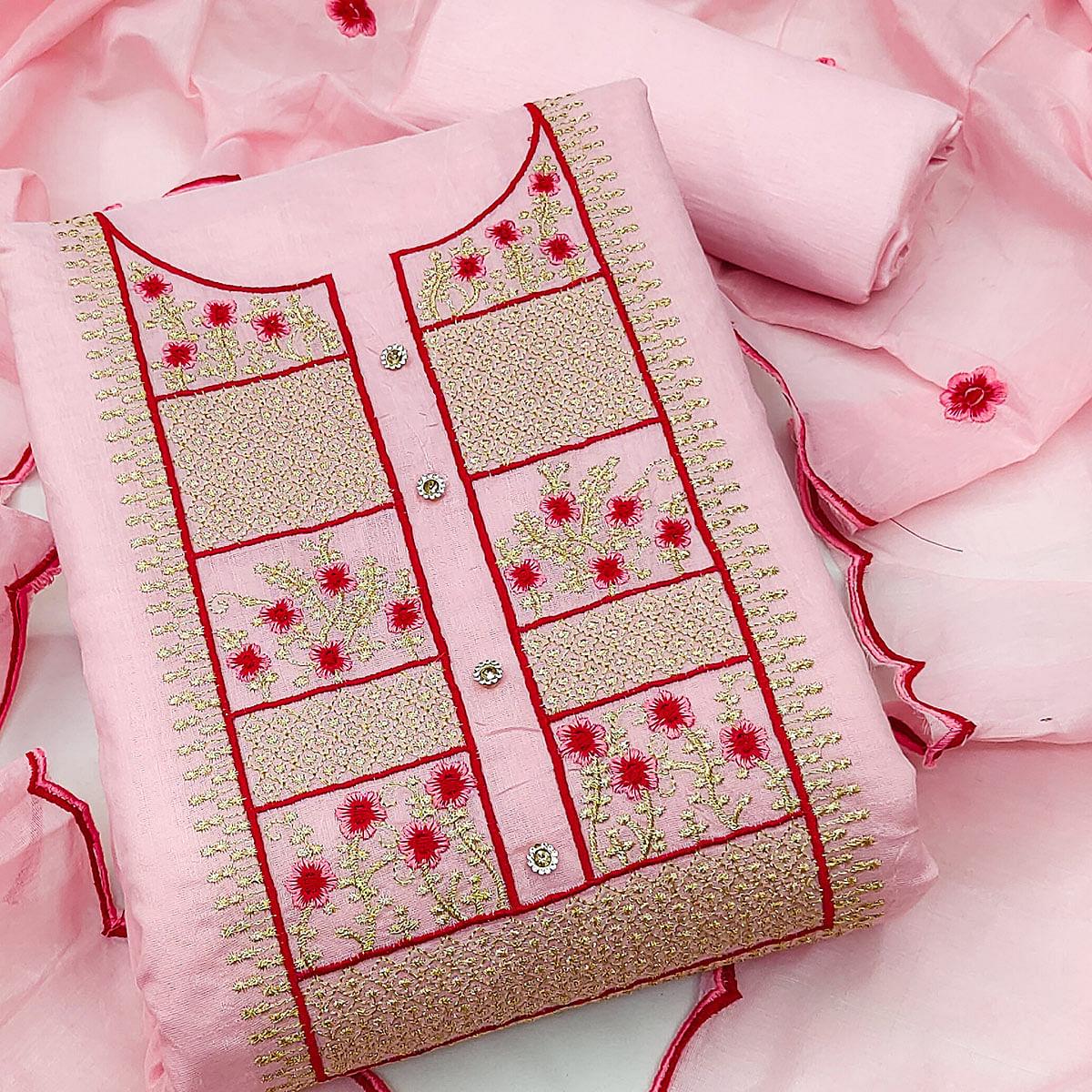 Pink Floral Embroidered Chanderi Dress Material - Peachmode
