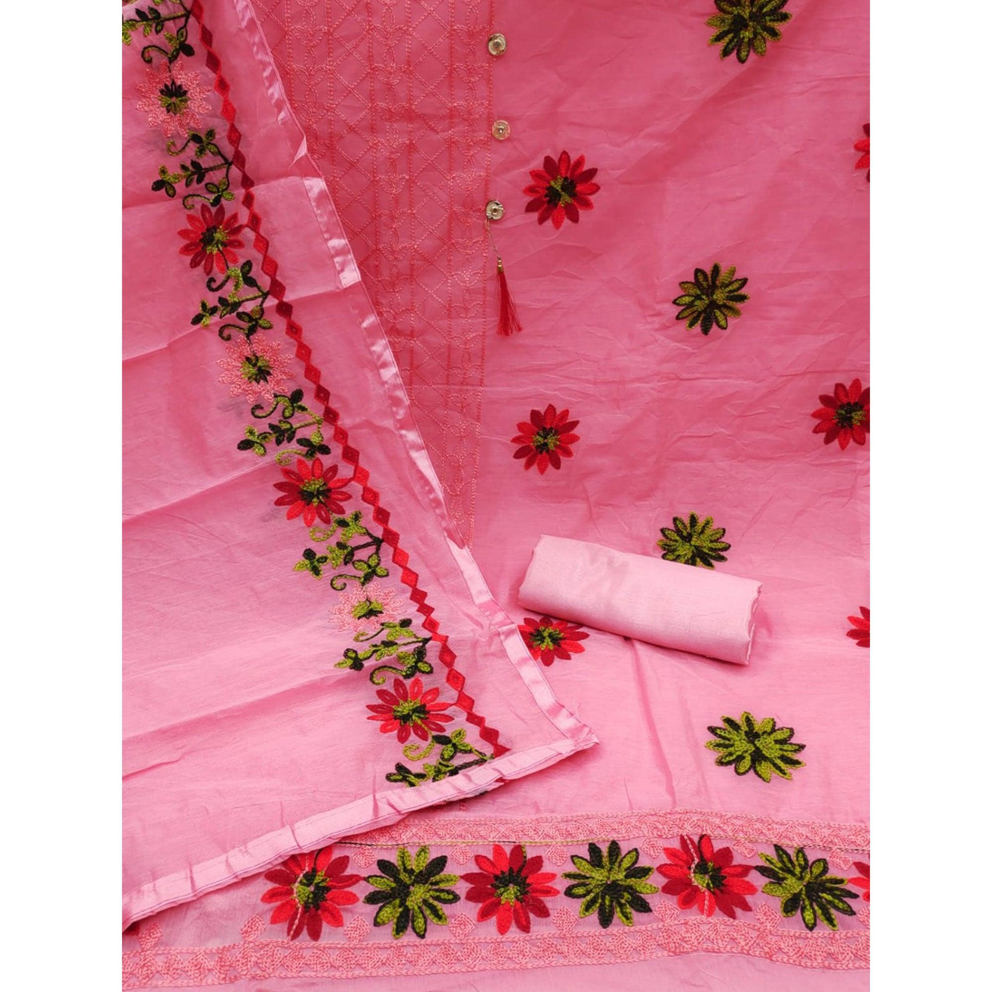 Pink Floral Embroidered Chanderi Dress Material - Peachmode