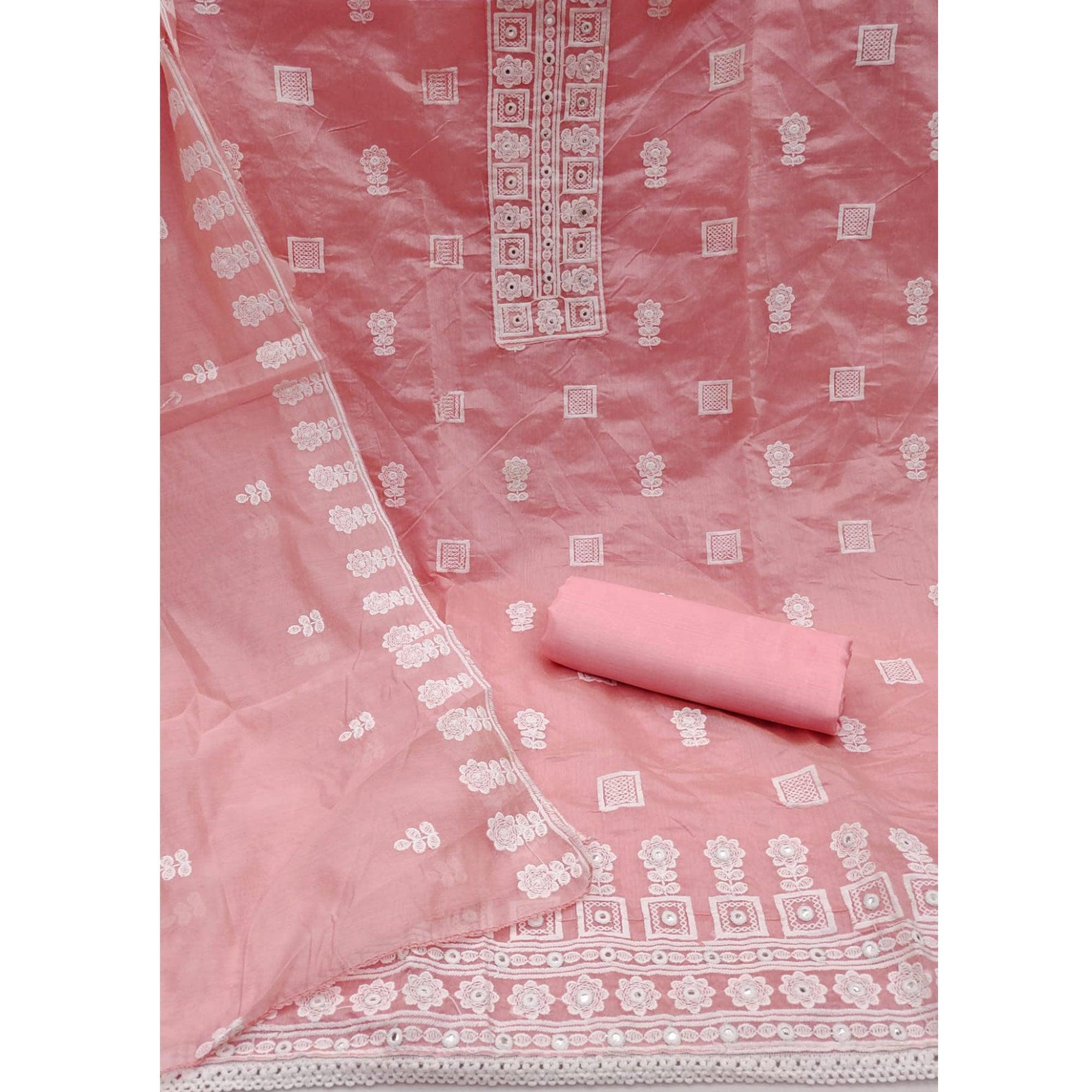 Pink Floral Embroidered Chanderi Dress Material - Peachmode