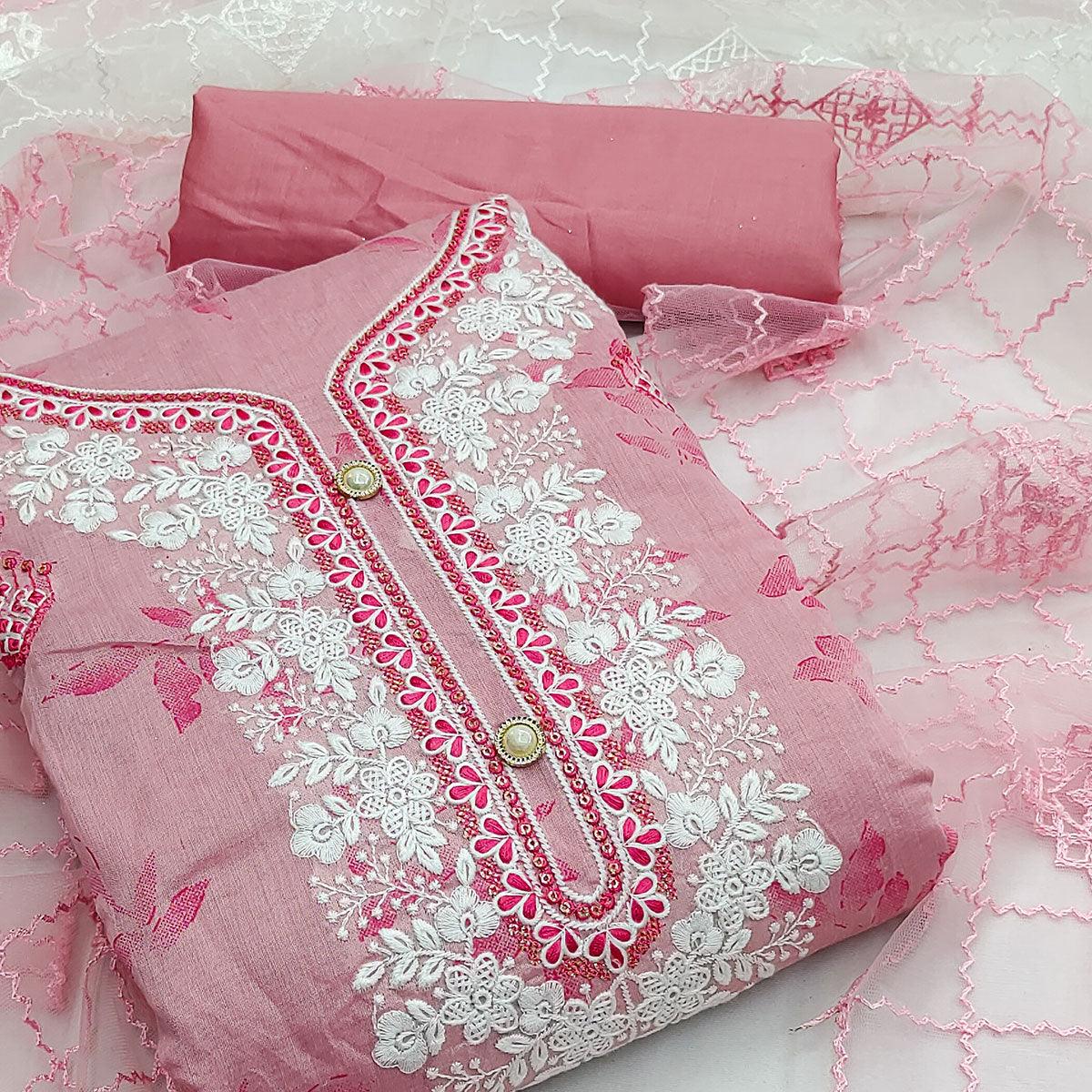 Pink Floral Embroidered Chanderi Dress Material - Peachmode