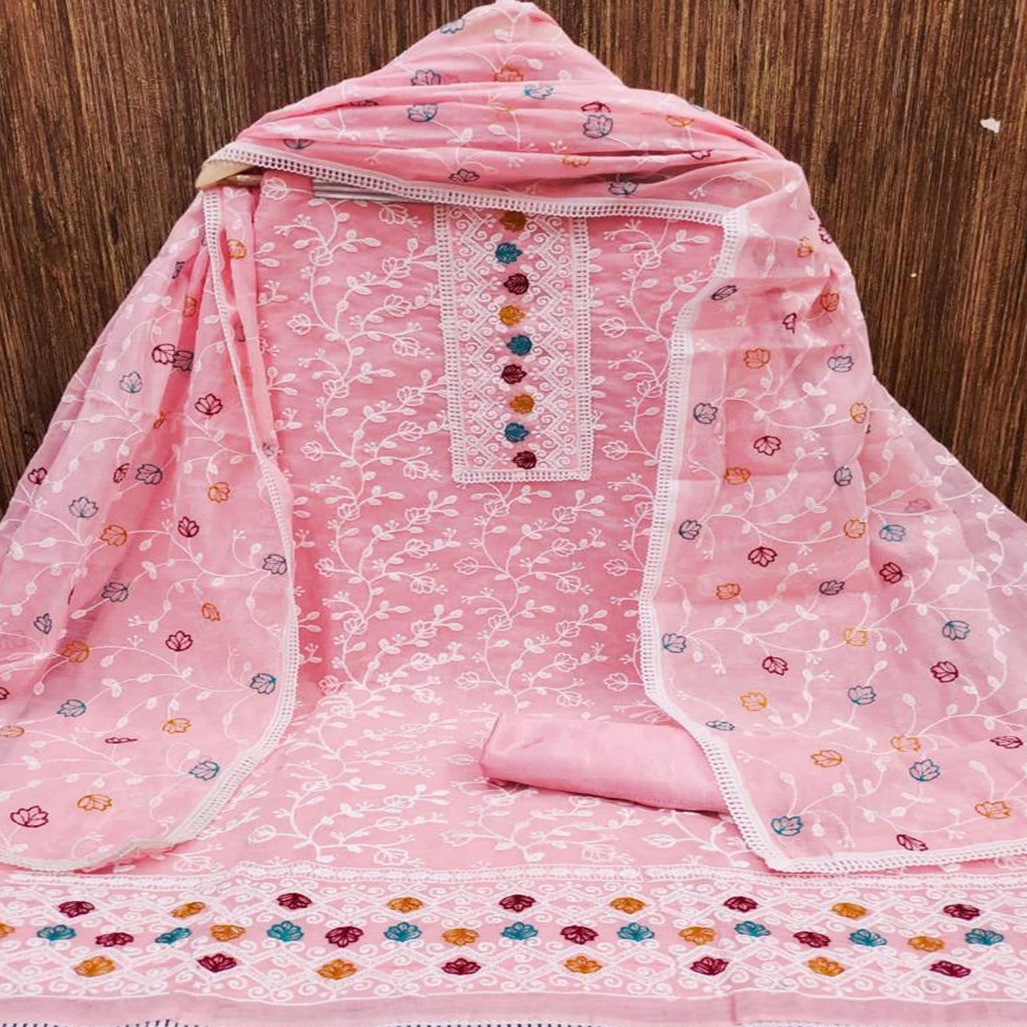 Pink Floral Embroidered Chanderi Dress Material - Peachmode