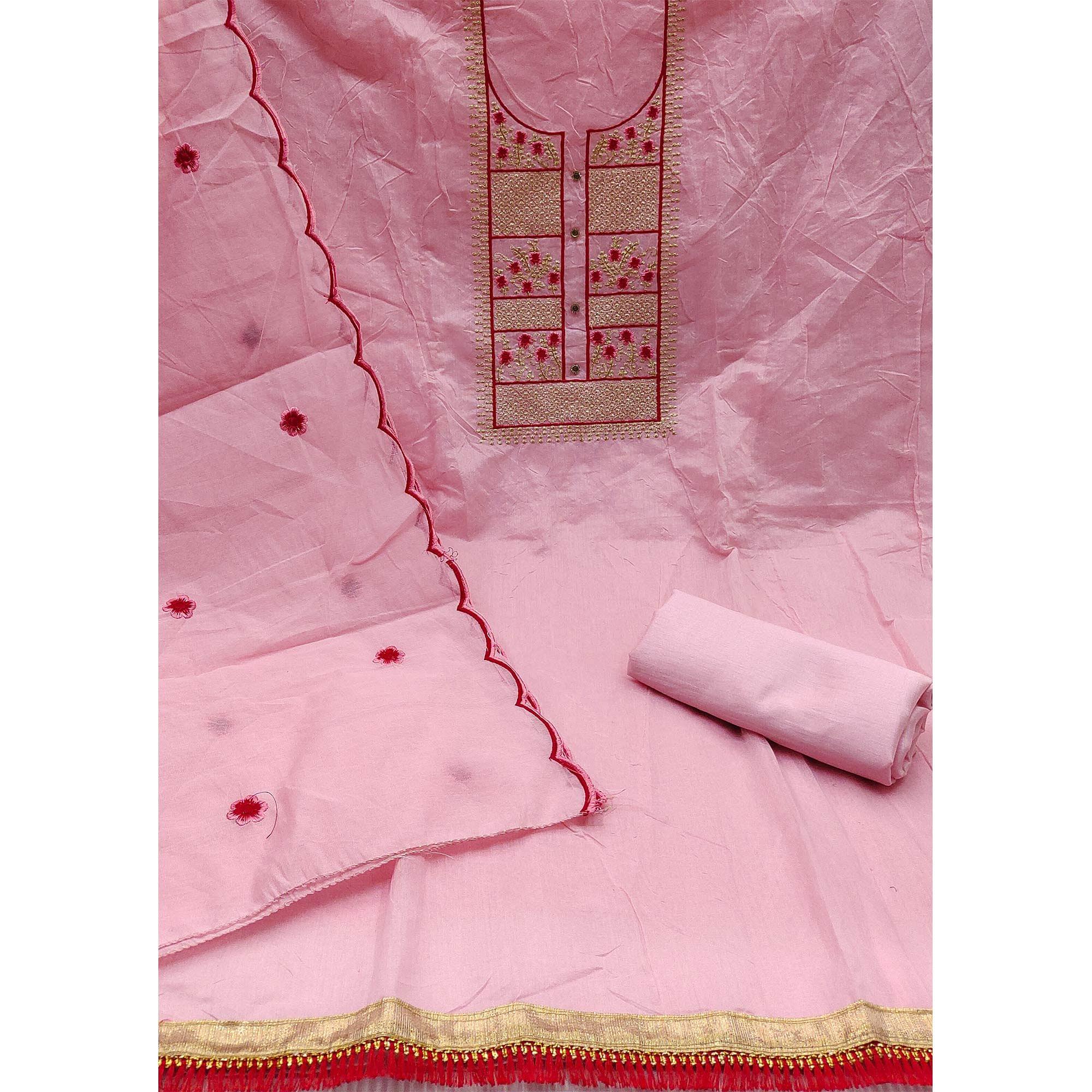 Pink Floral Embroidered Chanderi Dress Material - Peachmode