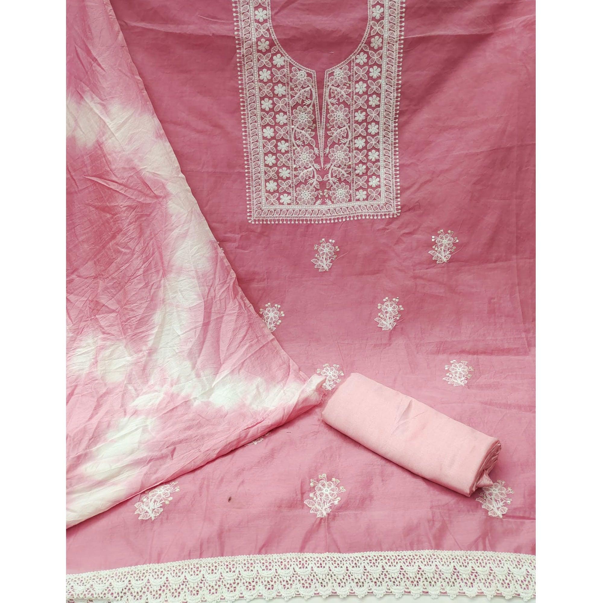 Pink Floral Embroidered Chanderi Dress Material - Peachmode