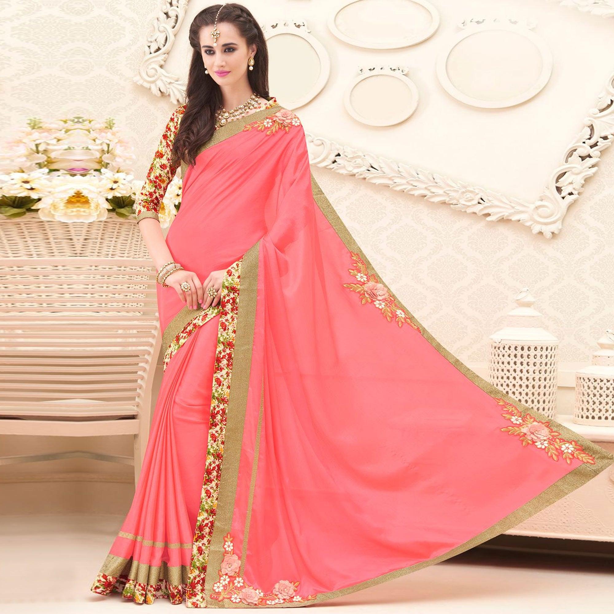 Pink Floral Embroidered Chiffon Saree - Peachmode