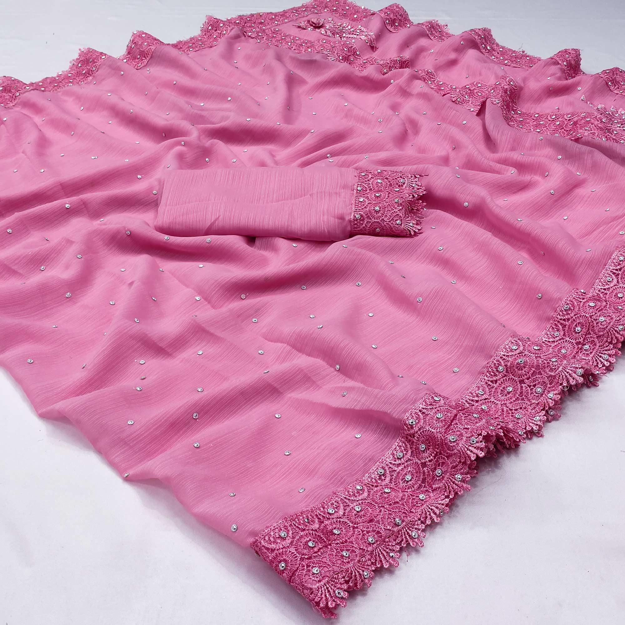 Pink Floral Embroidered Chiffon Saree - Peachmode