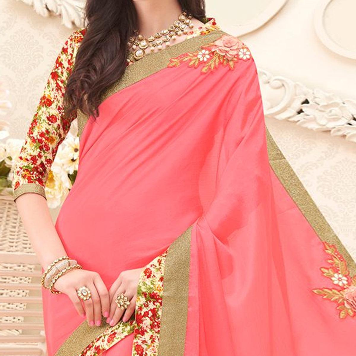 Pink Floral Embroidered Chiffon Saree - Peachmode