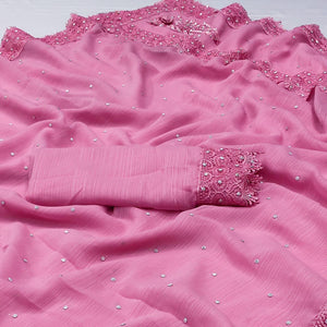 Pink Floral Embroidered Chiffon Saree - Peachmode