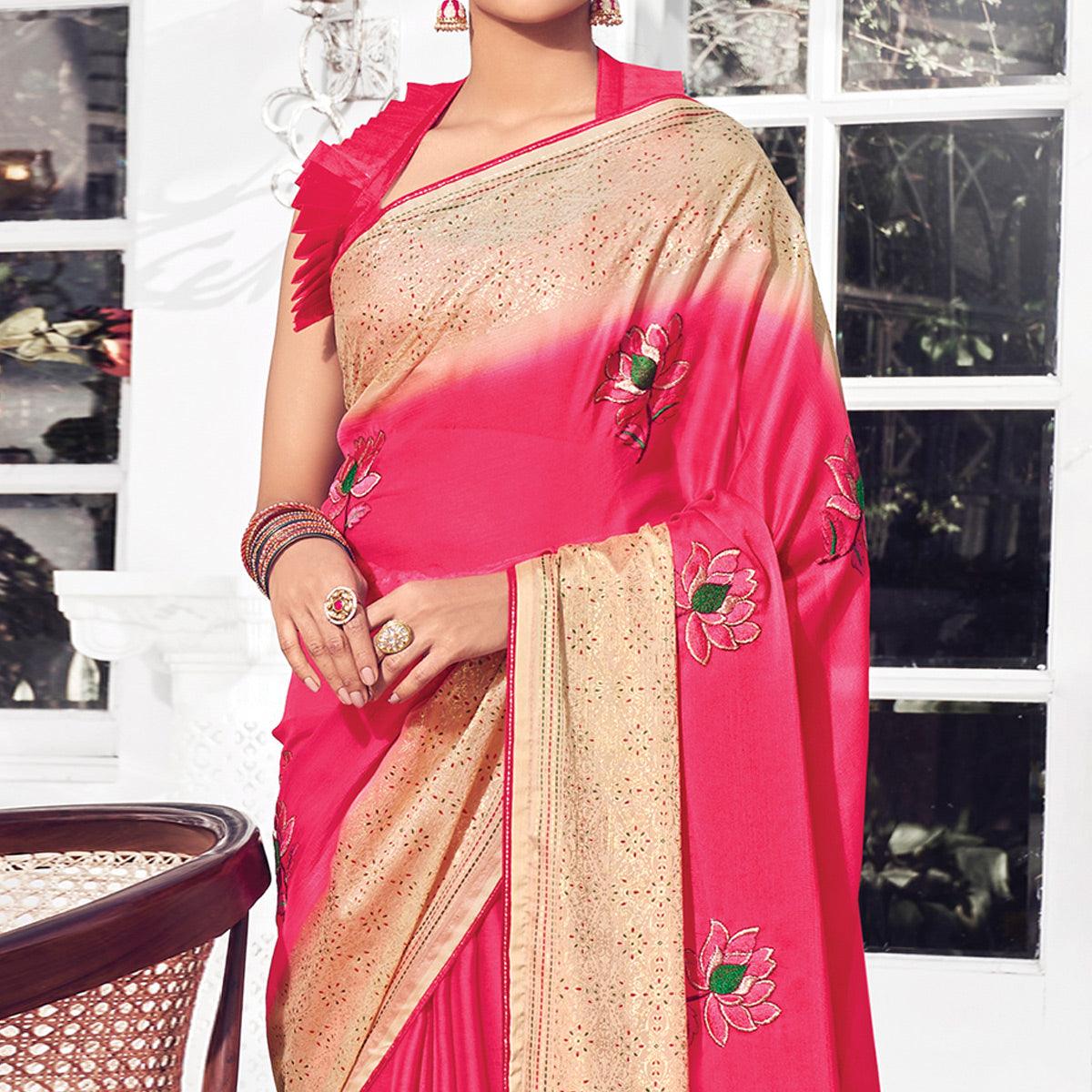 Pink Floral Embroidered Chiffon Saree - Peachmode