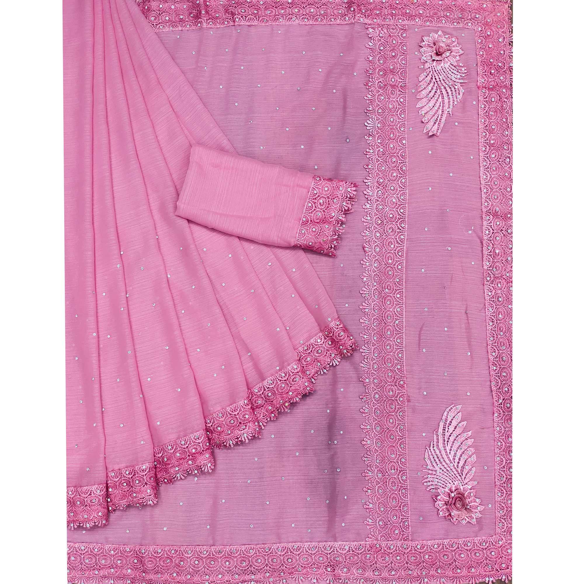 Pink Floral Embroidered Chiffon Saree - Peachmode