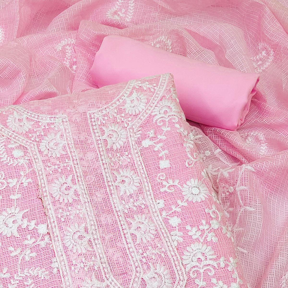 Pink Floral Embroidered Cotton Dress Material - Peachmode