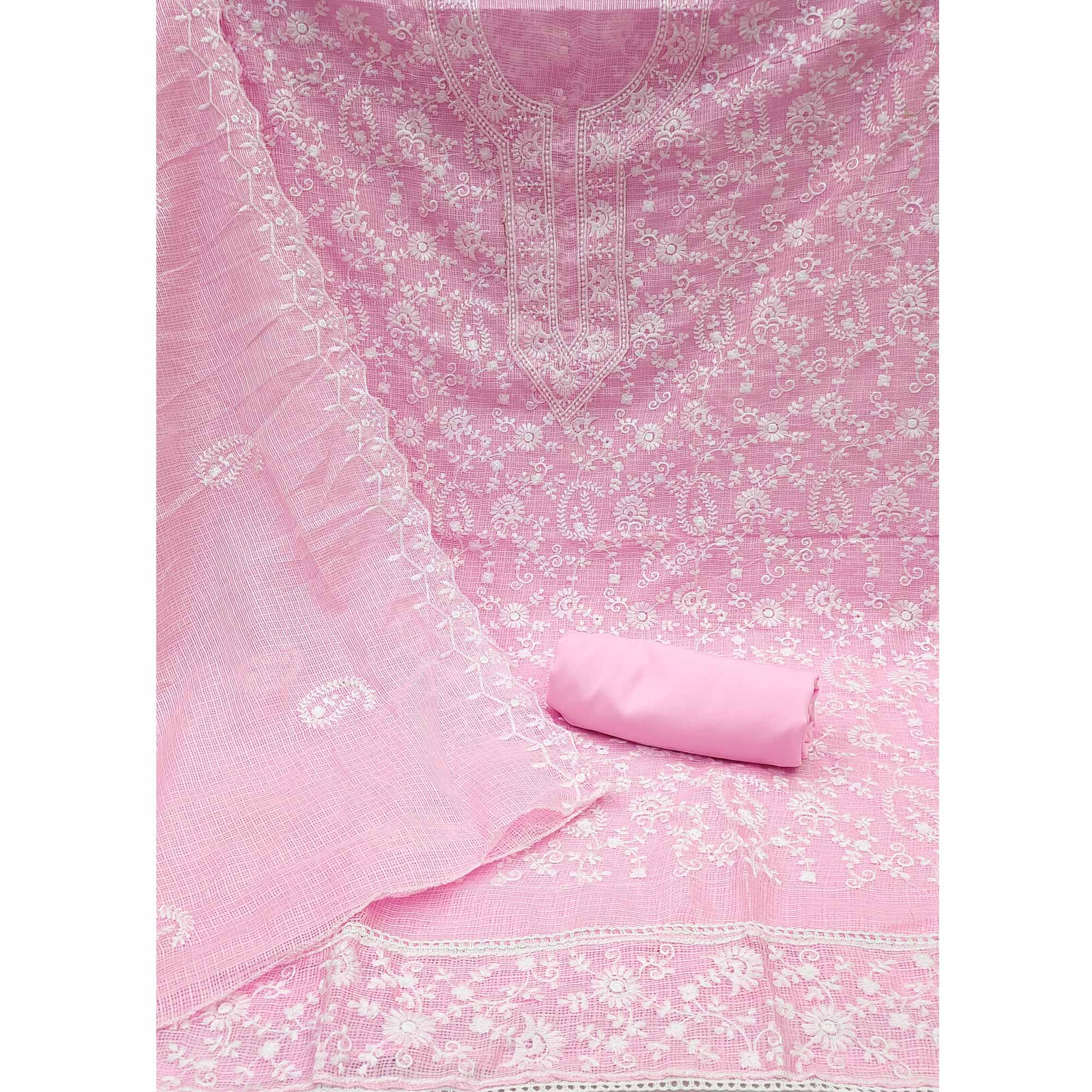 Pink Floral Embroidered Cotton Dress Material - Peachmode