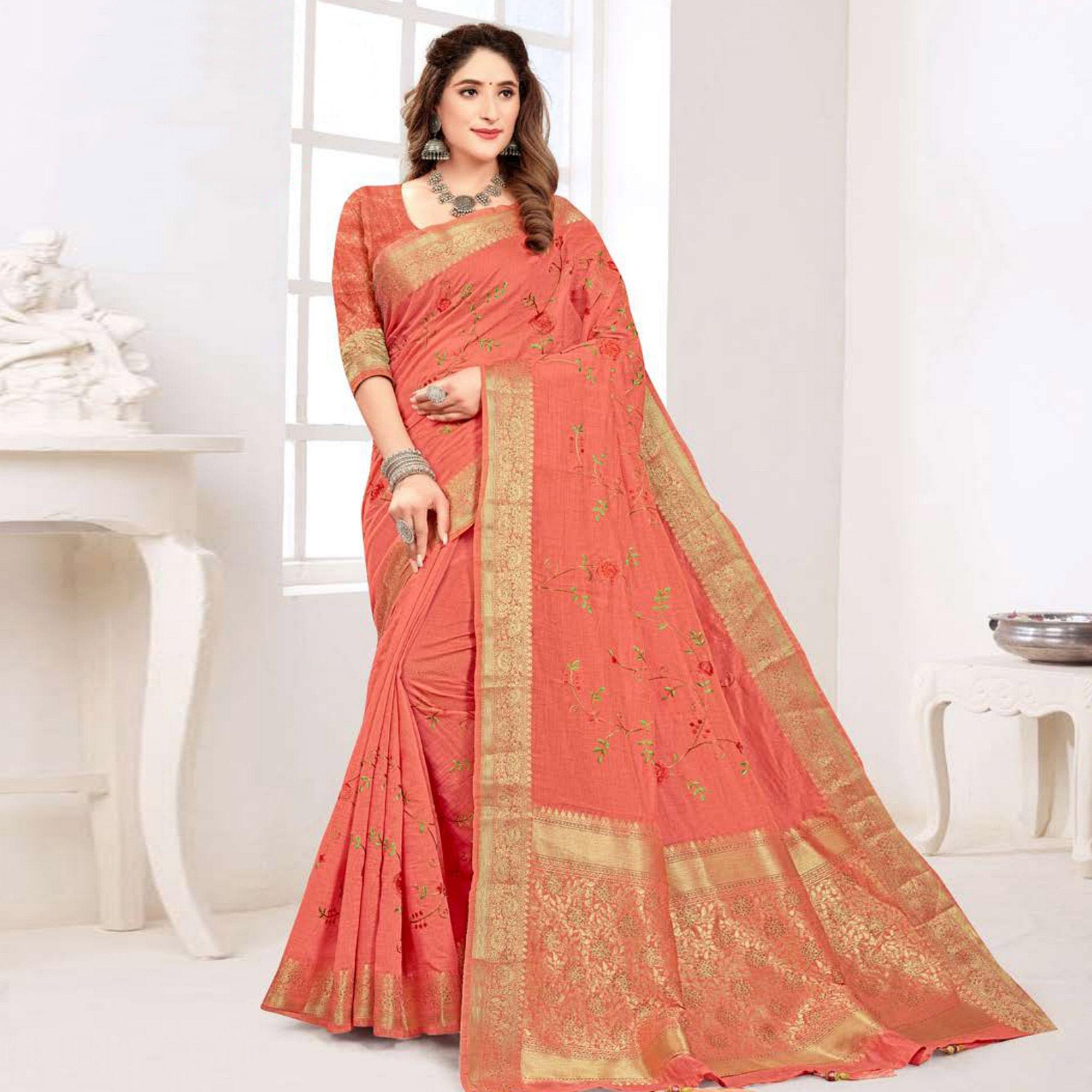 Pink Floral Embroidered Cotton Silk Saree With Tassels - Peachmode