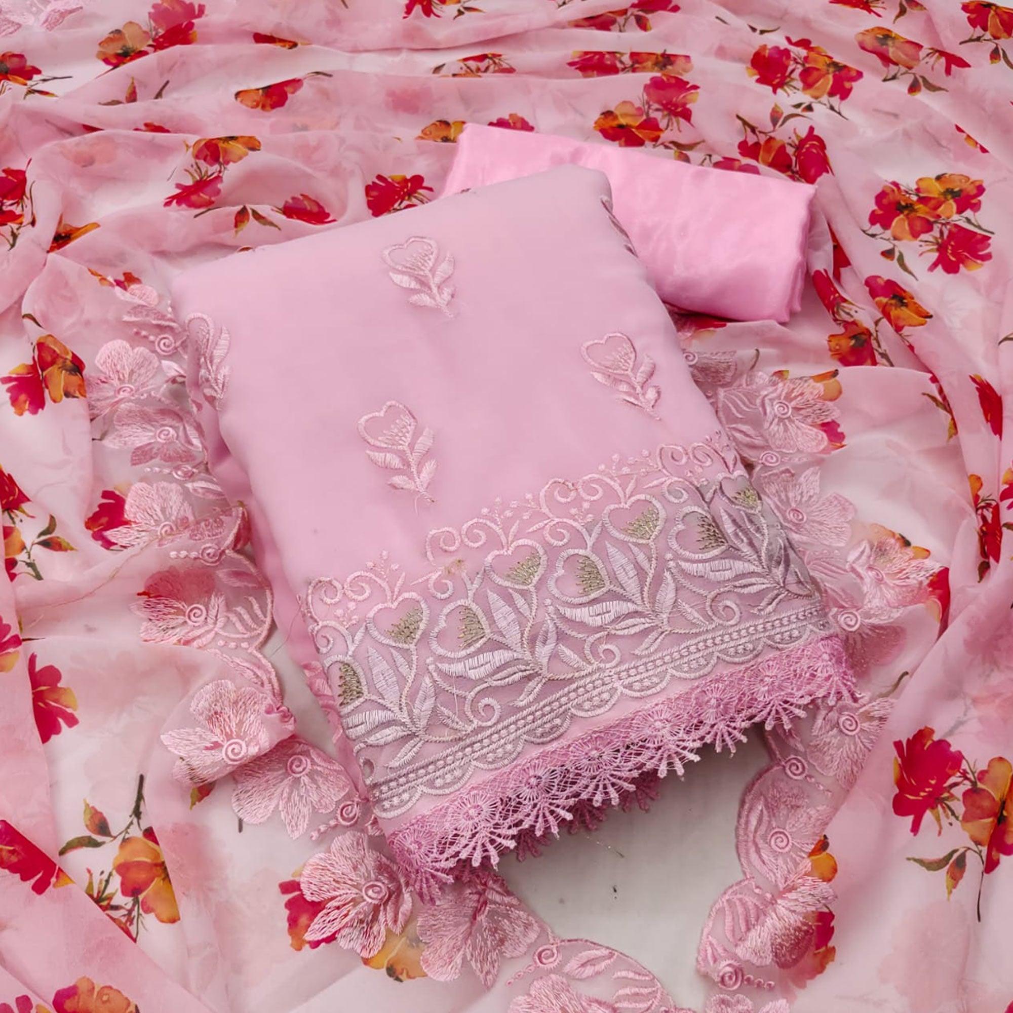 Pink Floral Embroidered Georgette Dress Material - Peachmode