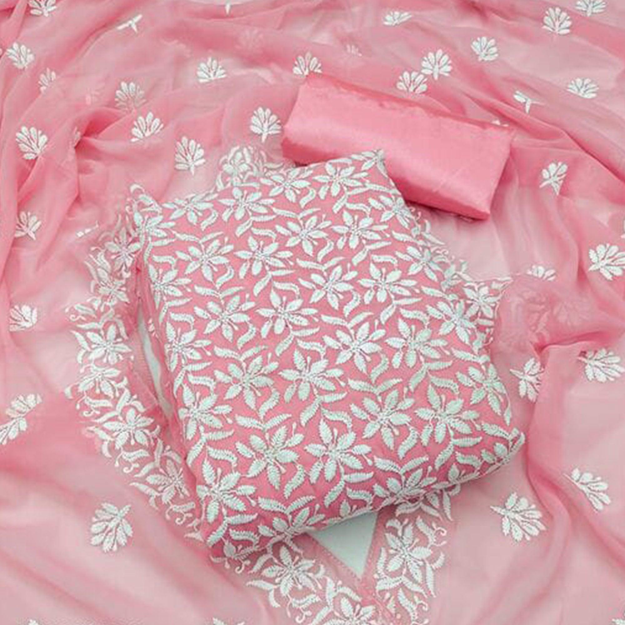 Pink Floral Embroidered Georgette Dress Material - Peachmode