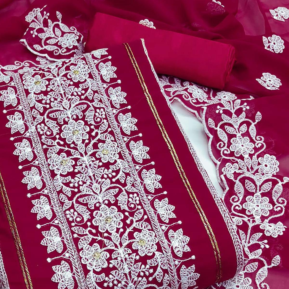 Pink Floral Embroidered Georgette Dress Material - Peachmode