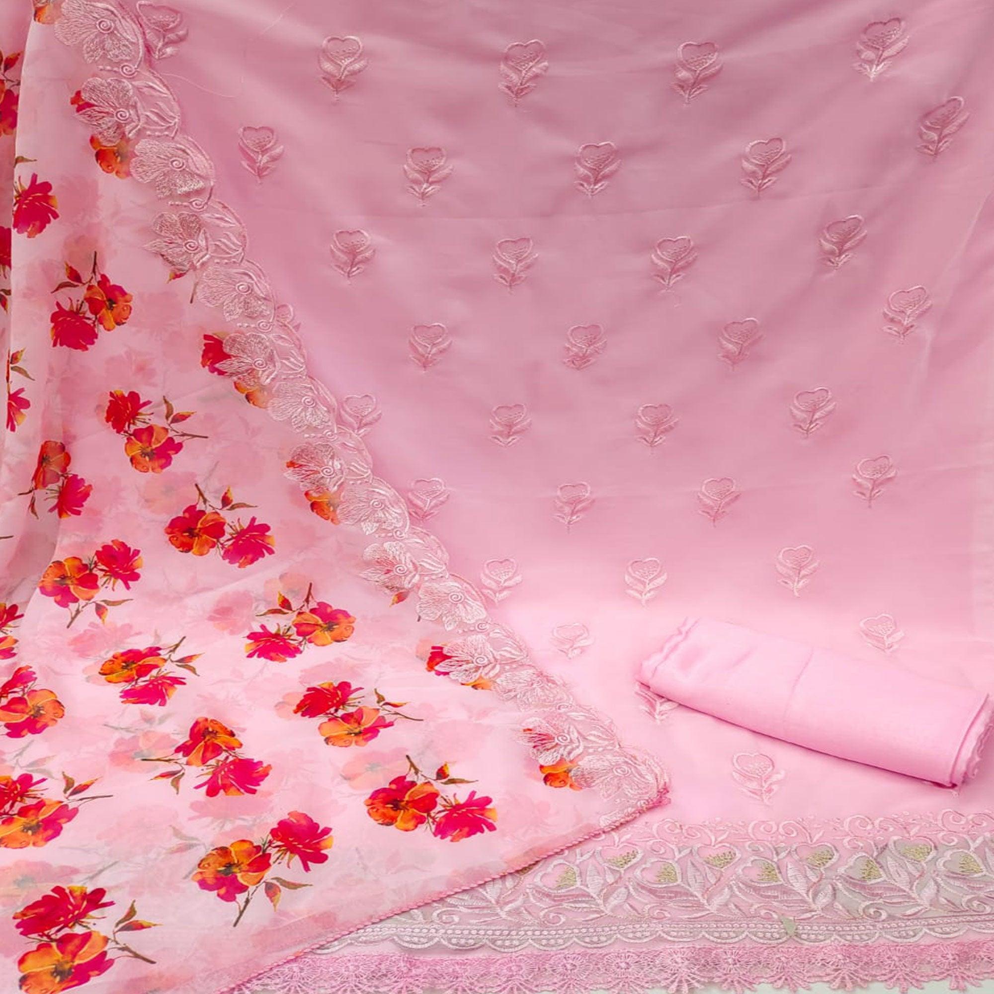 Pink Floral Embroidered Georgette Dress Material - Peachmode
