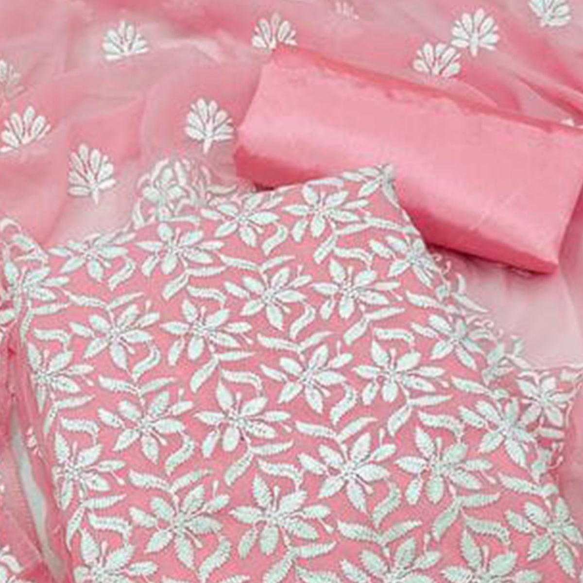 Pink Floral Embroidered Georgette Dress Material - Peachmode