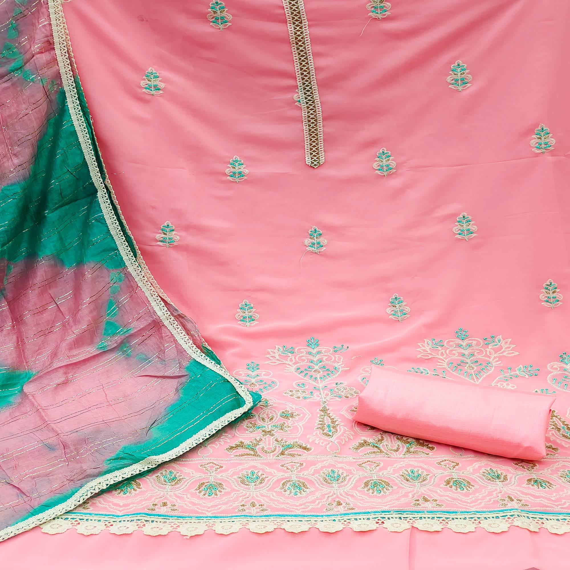 Pink Floral Embroidered Georgette Dress Material - Peachmode