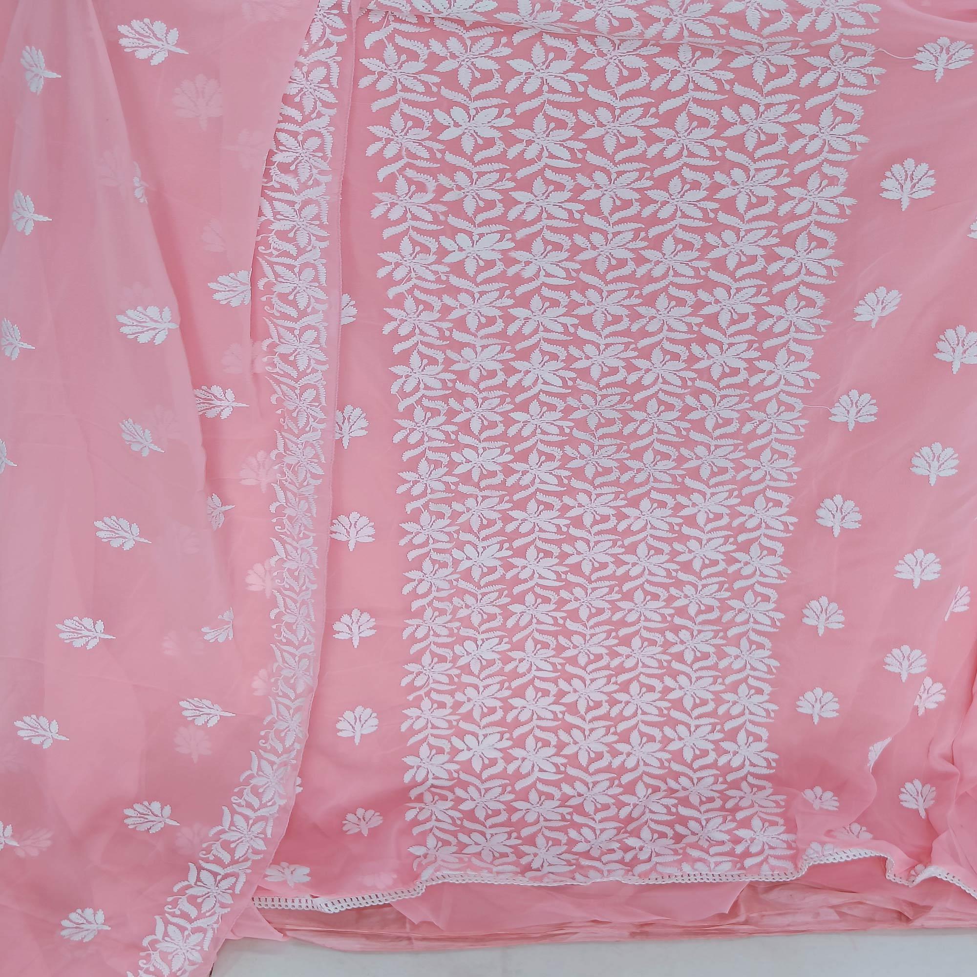 Pink Floral Embroidered Georgette Dress Material - Peachmode