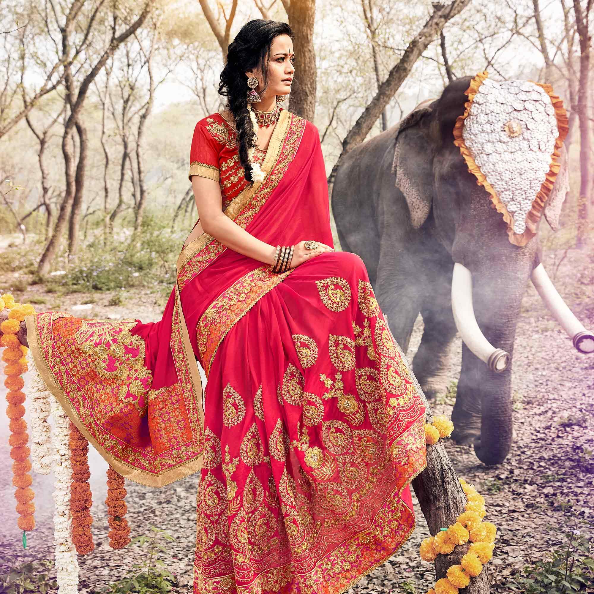 Pink Floral Embroidered Georgette Saree - Peachmode