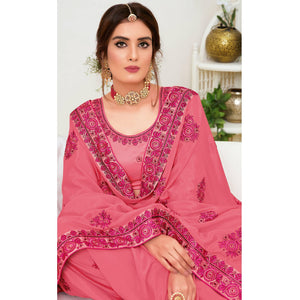 Pink Floral Embroidered Georgette Saree - Peachmode