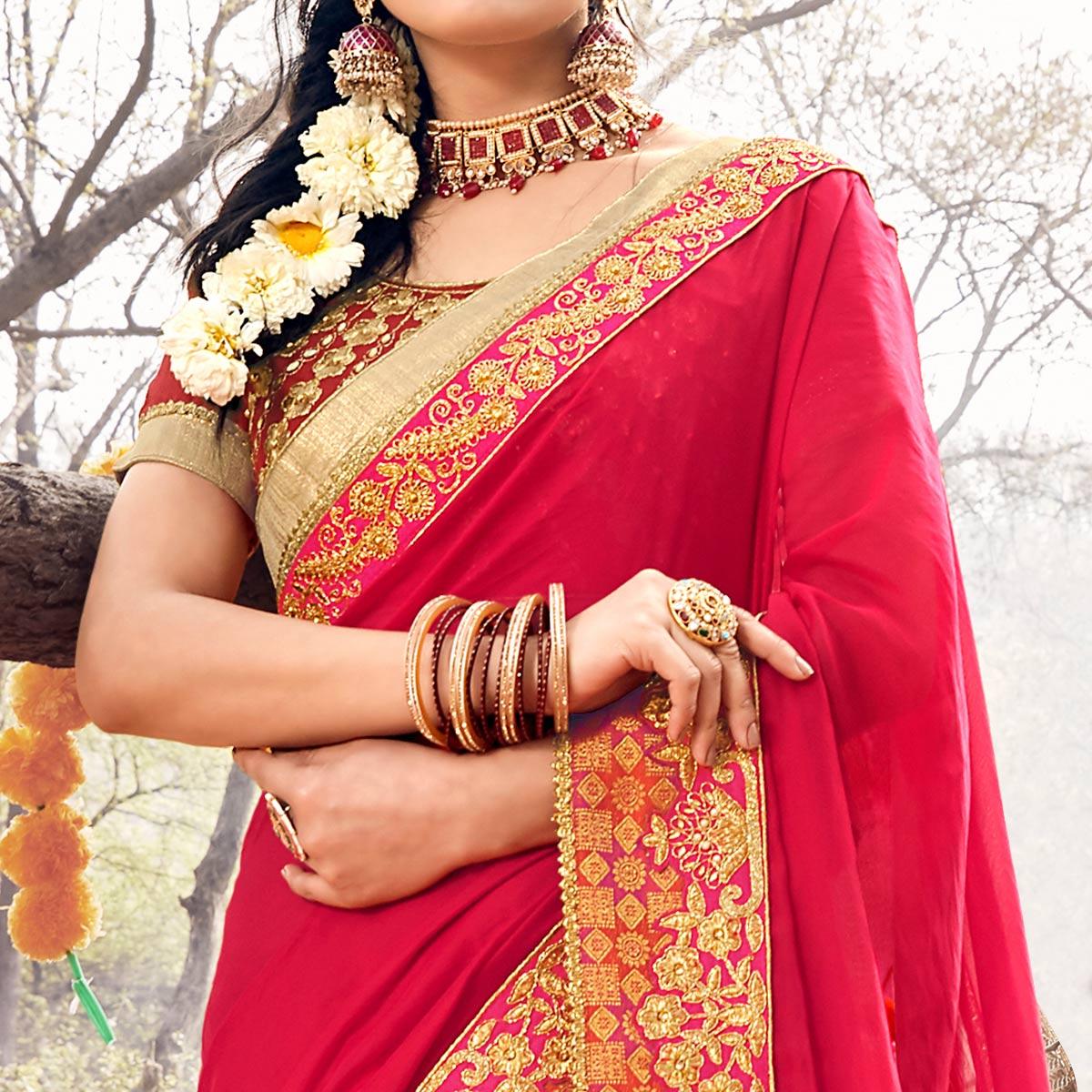 Pink Floral Embroidered Georgette Saree - Peachmode