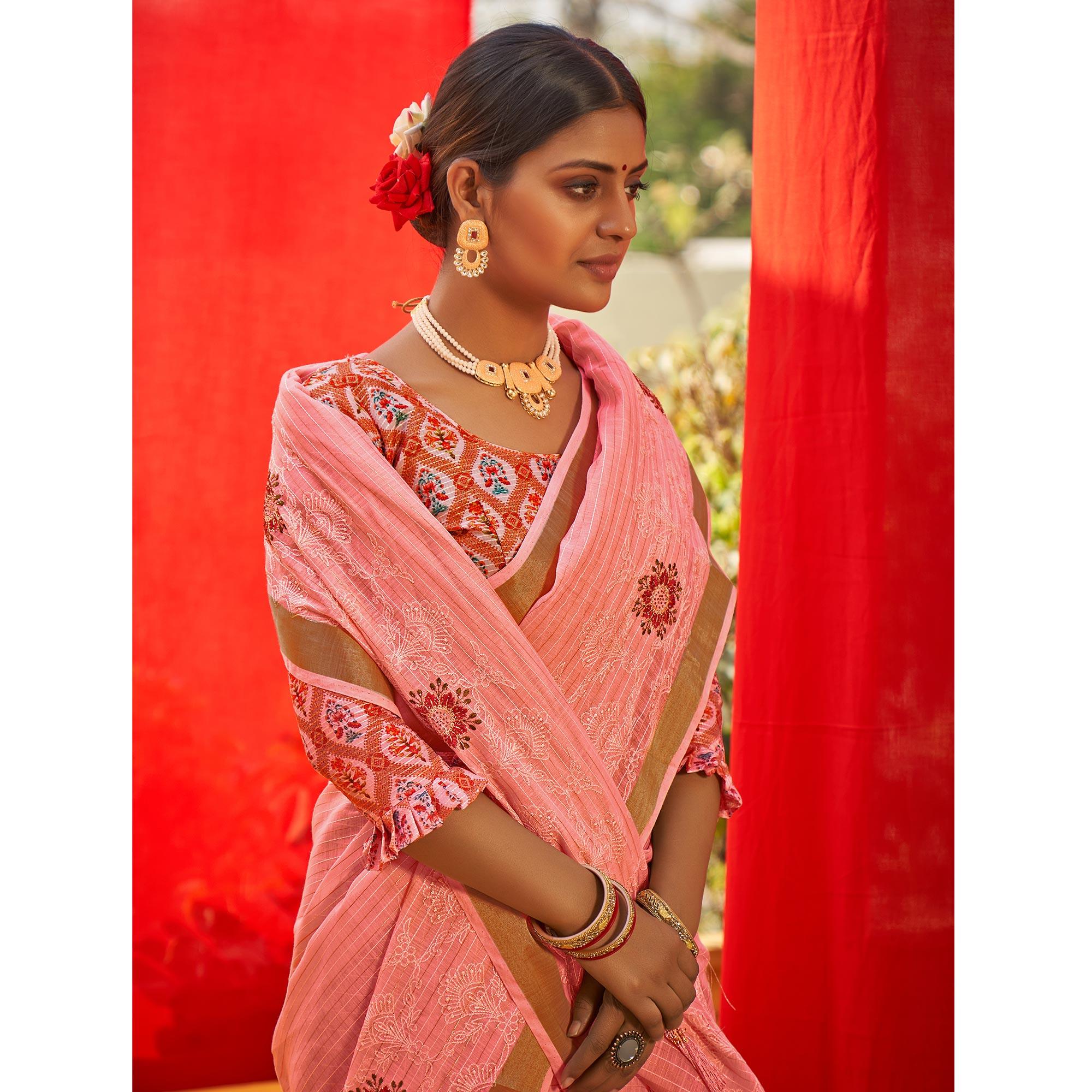 Pink Floral Embroidered Linen Saree - Peachmode