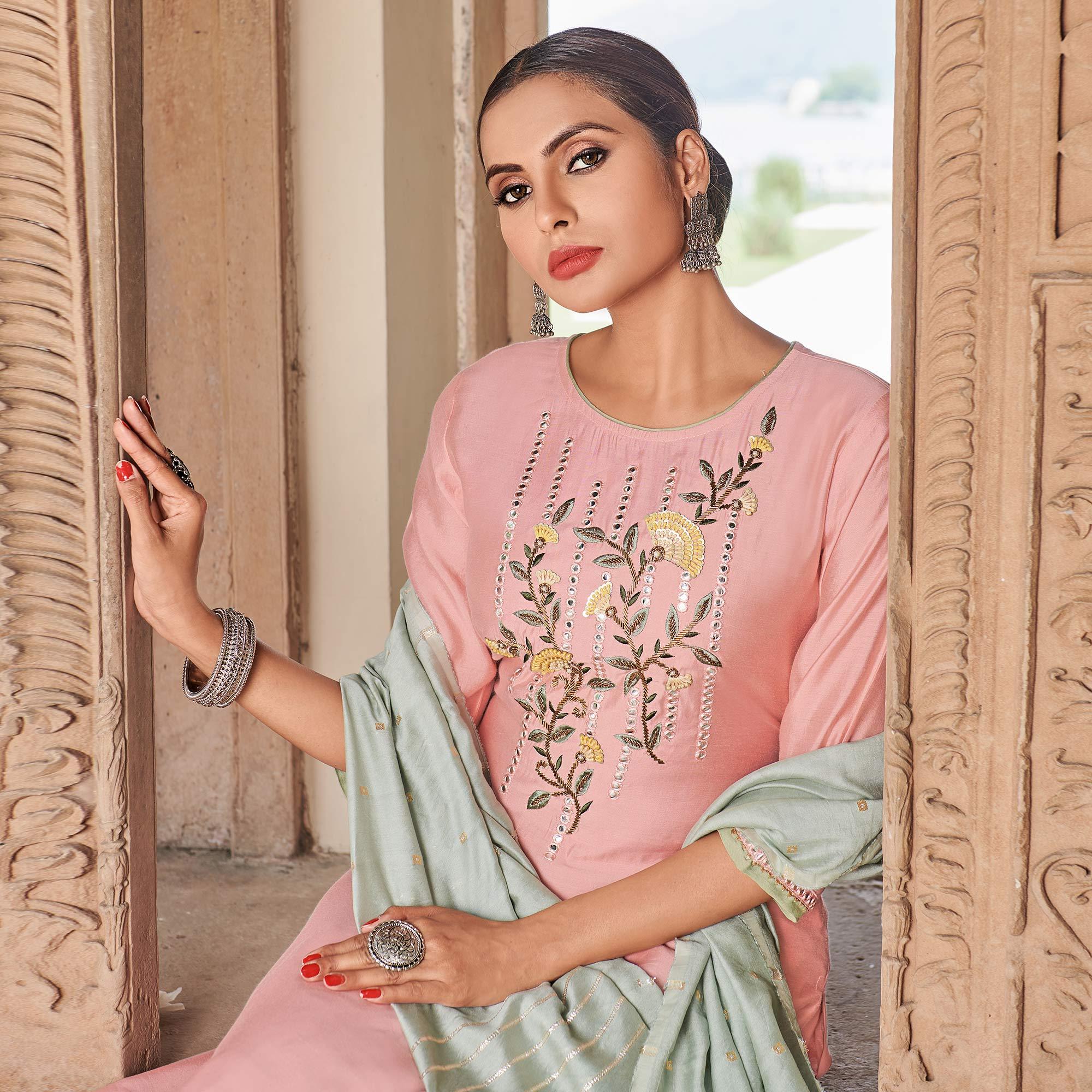 Pink Floral Embroidered Modal Chanderi Partywear Suit - Peachmode