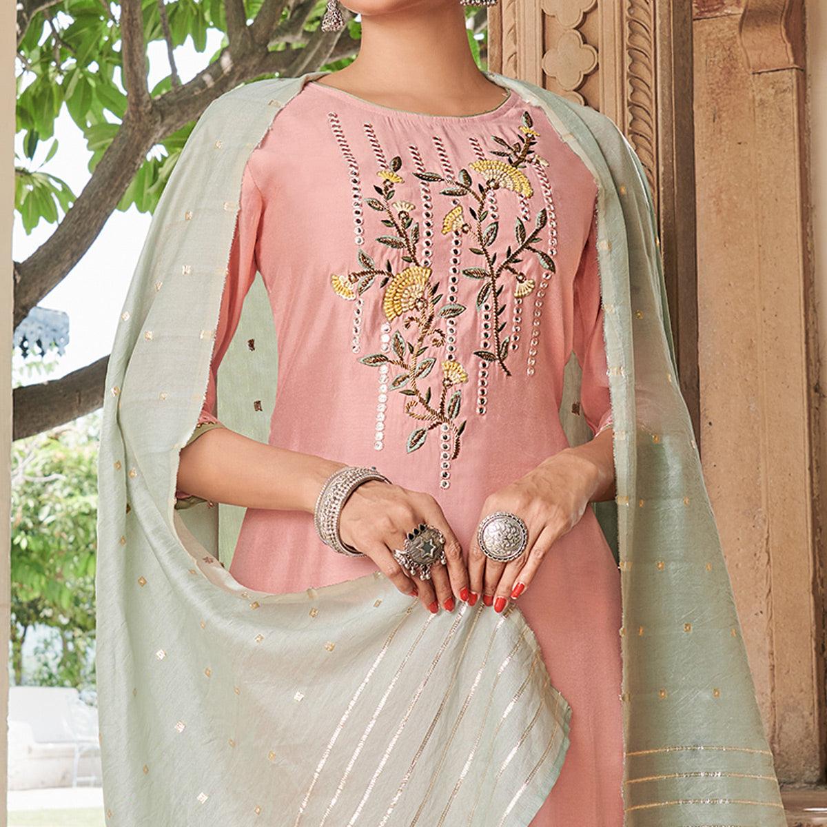 Pink Floral Embroidered Modal Chanderi Partywear Suit - Peachmode