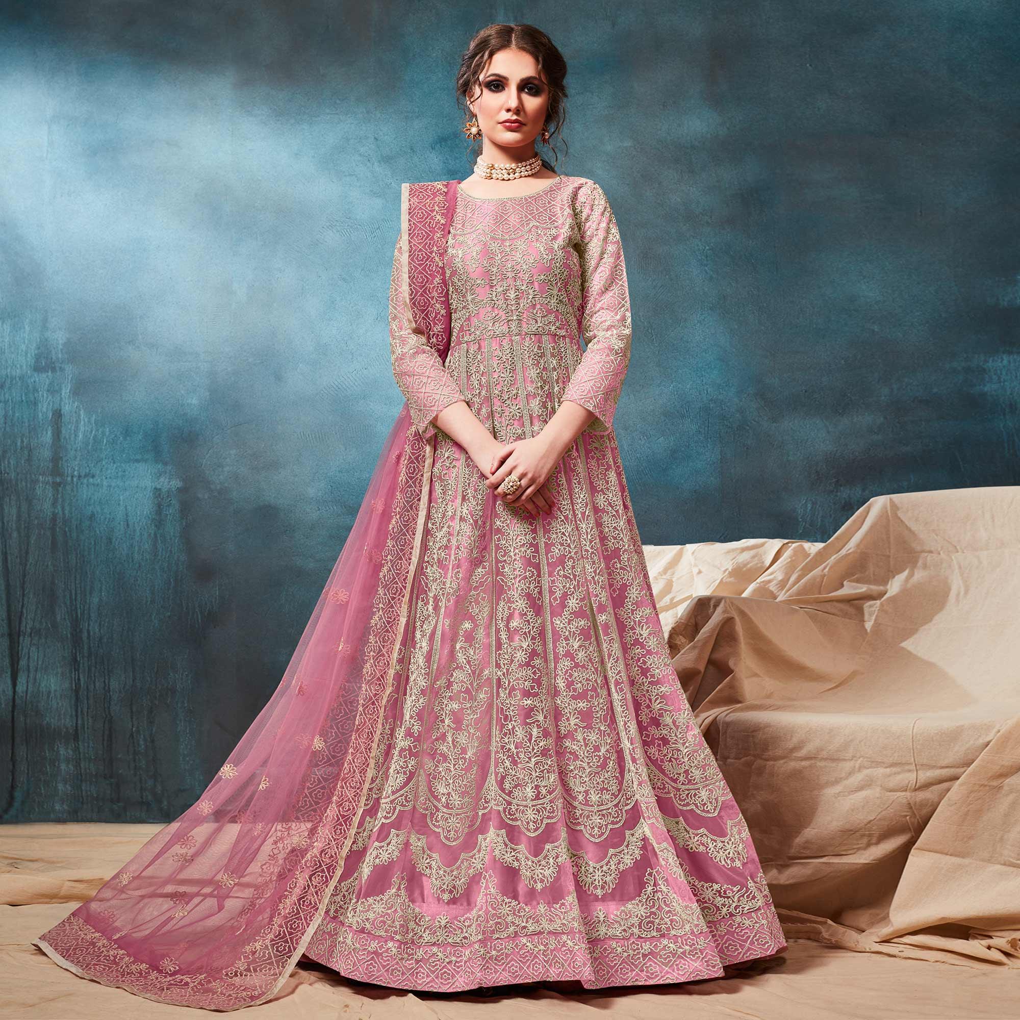 Pink Floral Embroidered Net Anarkali Style Gown - Peachmode